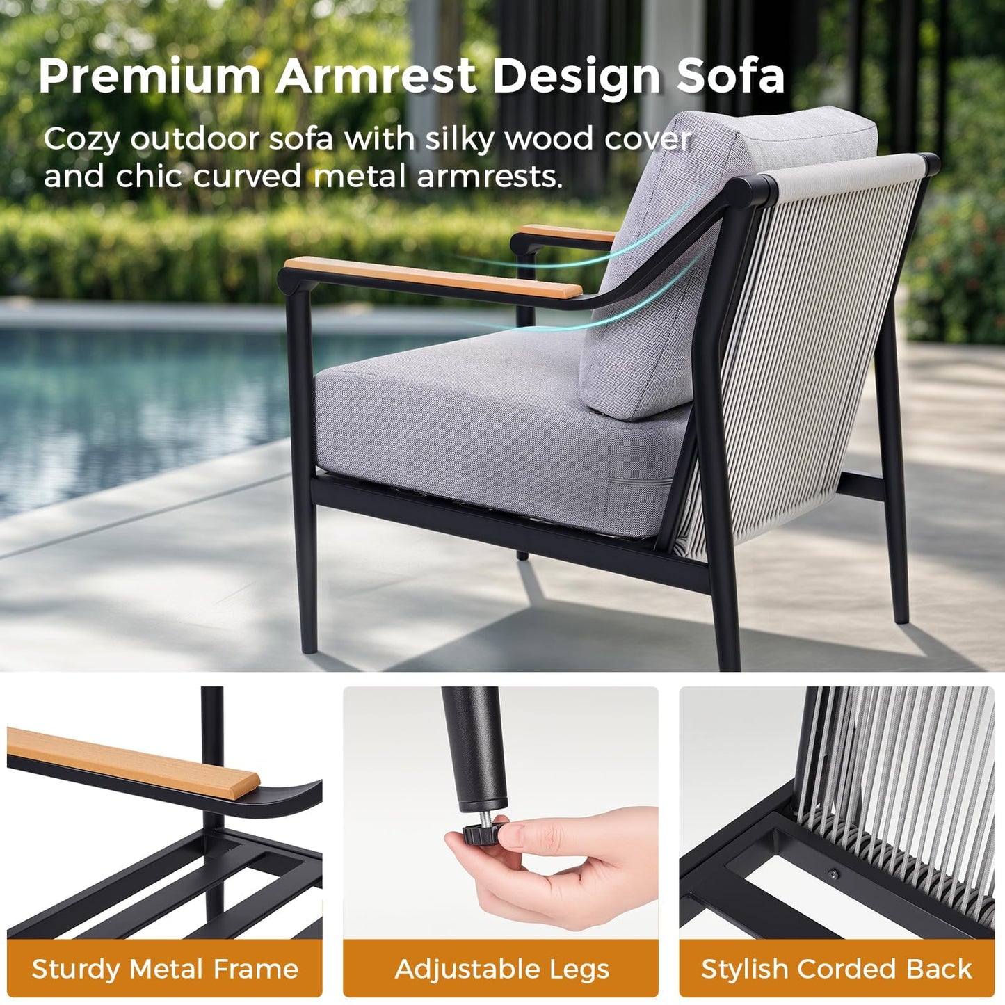 Jocoevol 4 Pieces Outdoor Sofa Conversation Set, 4 Seats Couch Set with Table, Metal Frame Rope Weaving Design UV Resistance Waterproof for Patio Garden Balcony, Grey
