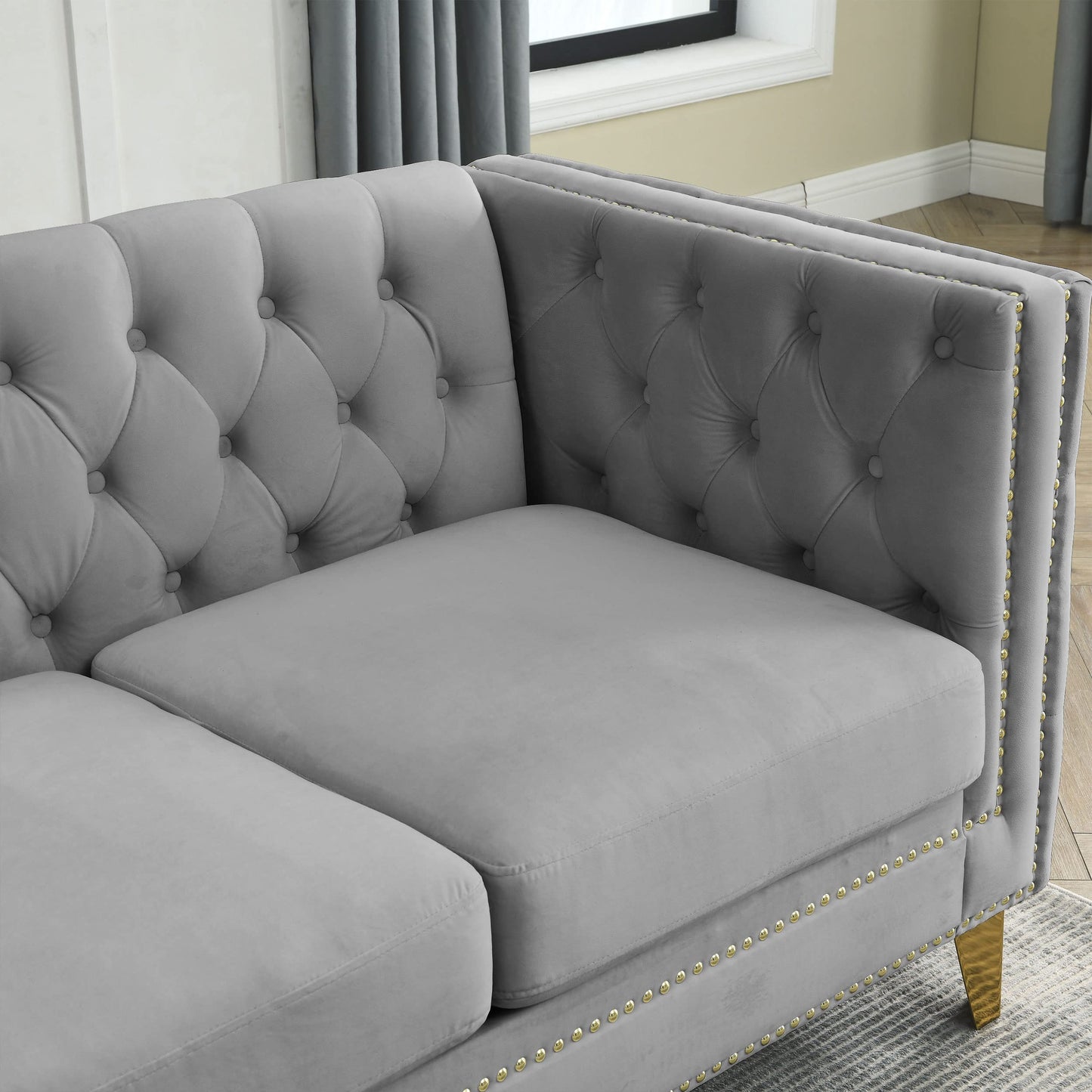 KEIKI 82.2" Tufted Velvet Corner Sofa, 5 Seat L-Shaped Sectional Couch for Living Room, Buttons Tufted Square Arm Couch for Home Apartment, Gray