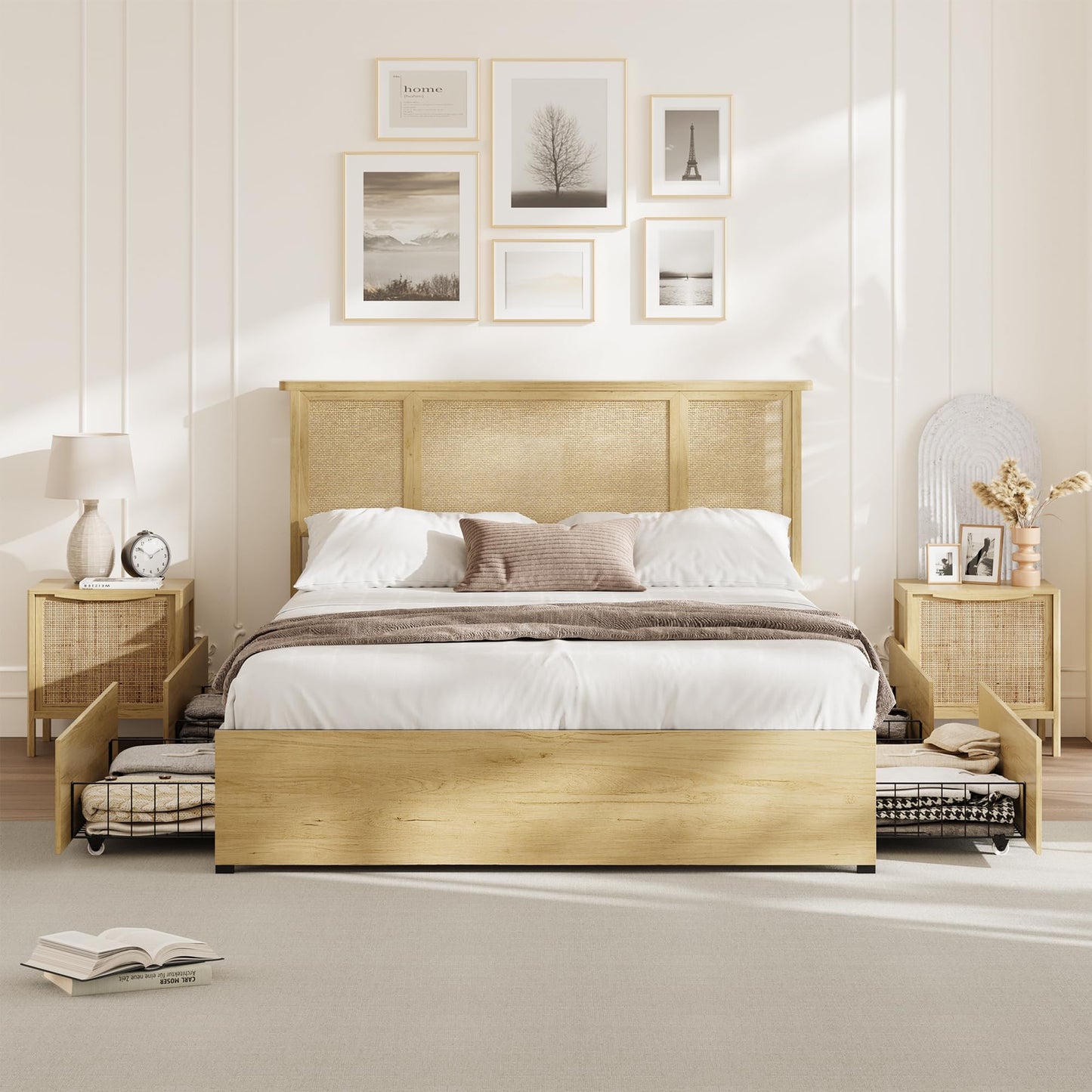 GarveeLife Full Size Boho Rattan Platform Bed Frame, Premium Cane Weave Headboard Design, Reinforced Metal Foundation Support, Space Saving Pull Out Drawers for Storage, Modern Bedroom Furniture Set