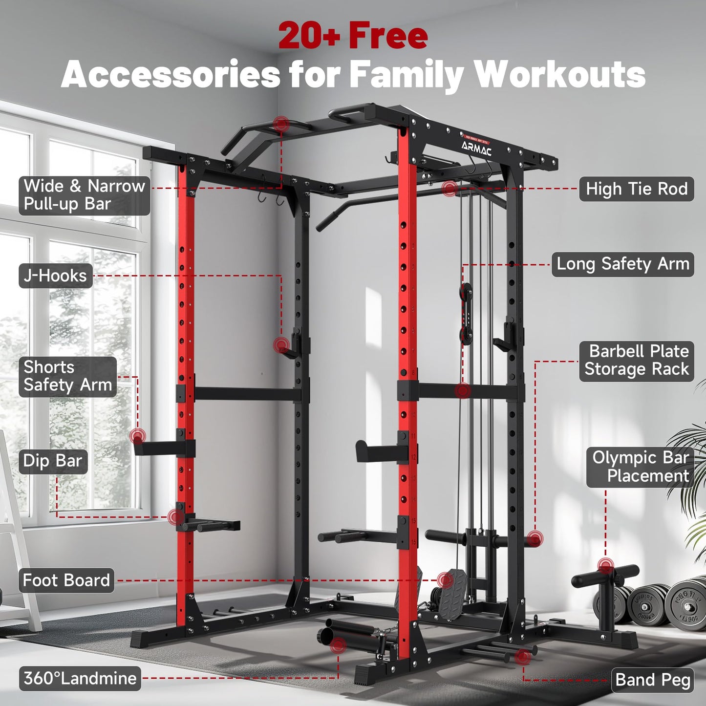 ARMAC Power Cage,1500lbs Multi-Function Power Rack with Adjustable Cable Crossover System and More Training Attachment (black)