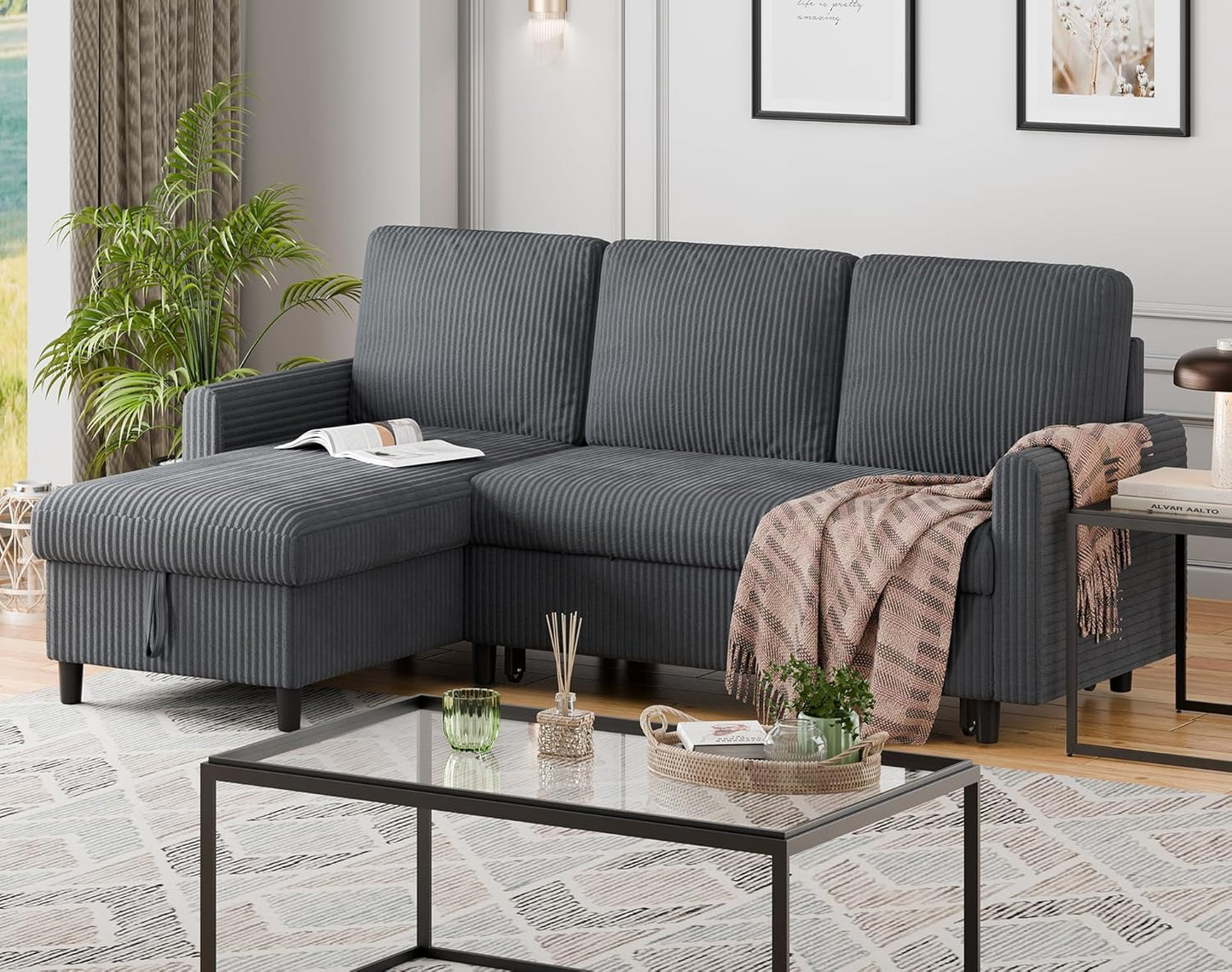 Shintenchi Futon Sofa Bed Convertible Couches L Shaped, 4‑in‑1 Sectional Sleeper Sofa Pull Out Couches for Living Room, Multifunctional Couch with Storage Chaise Corduroy Fabric, Dark Gray