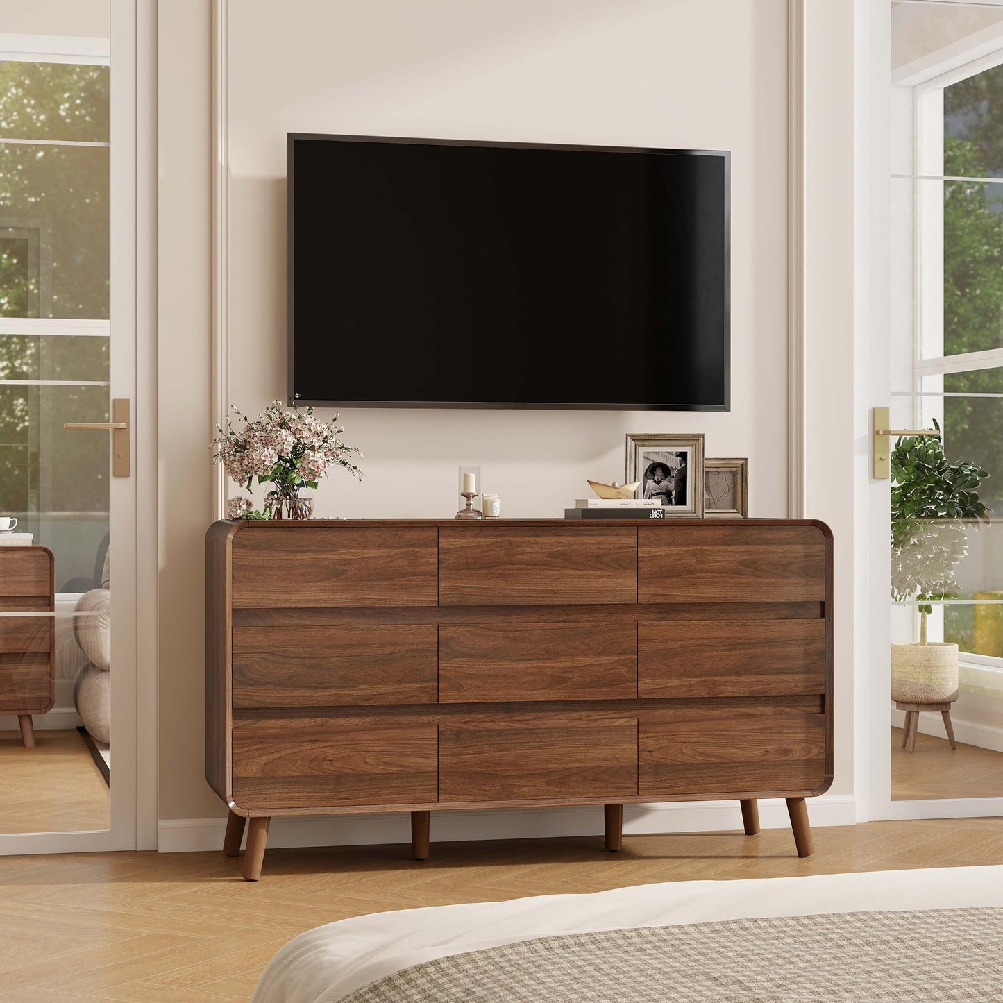 Nasonet Mid Century Modern 9 Drawer Dresser for Bedroom, Wooden Dresser & Chests of Drawers, Wide Storage Drawer Dresser TV Stand, Walnut