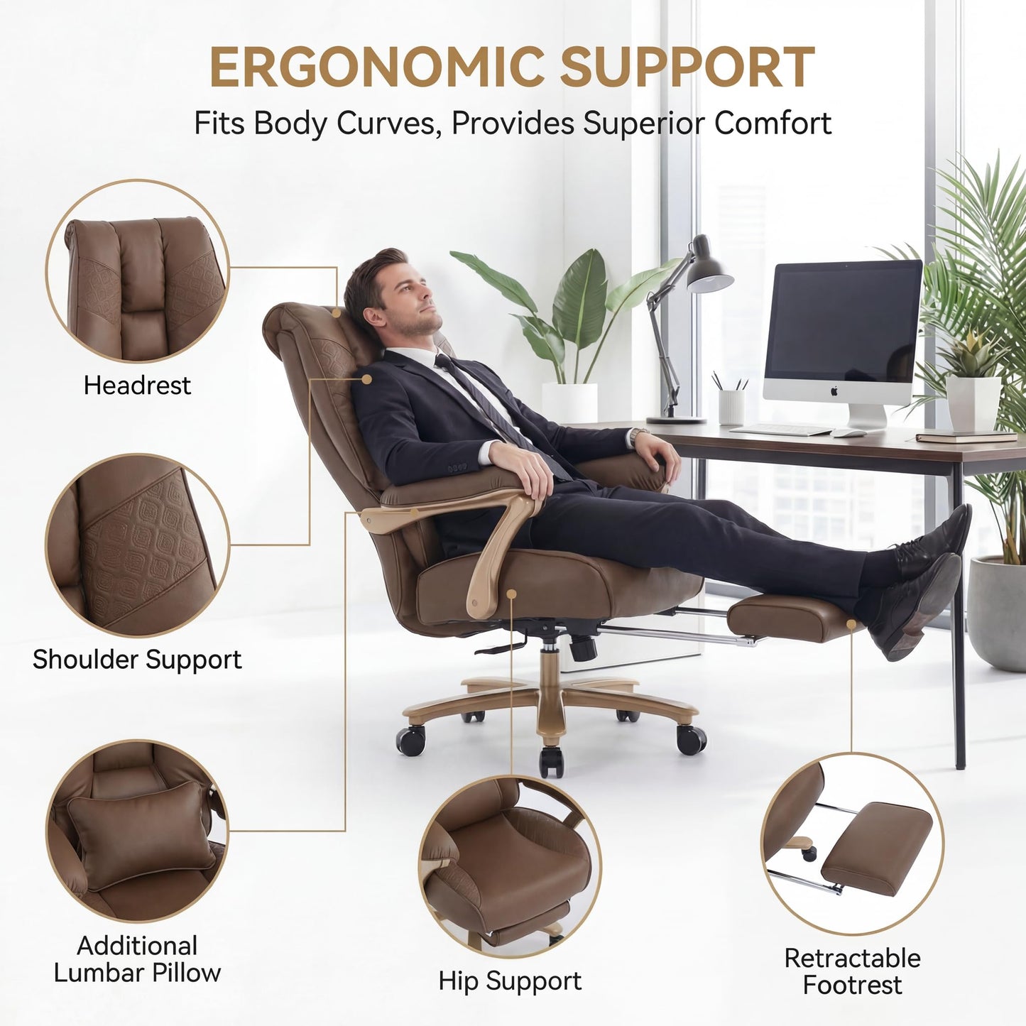EXCEBET Big and Tall Office Chair 400lbs Wide Seat, Ergonomic Executive Desk Office Chair with Footrest, High Back PU Leather Chair with Lumbar Support, Padded Armrests, Heavy Duty Base, Brown