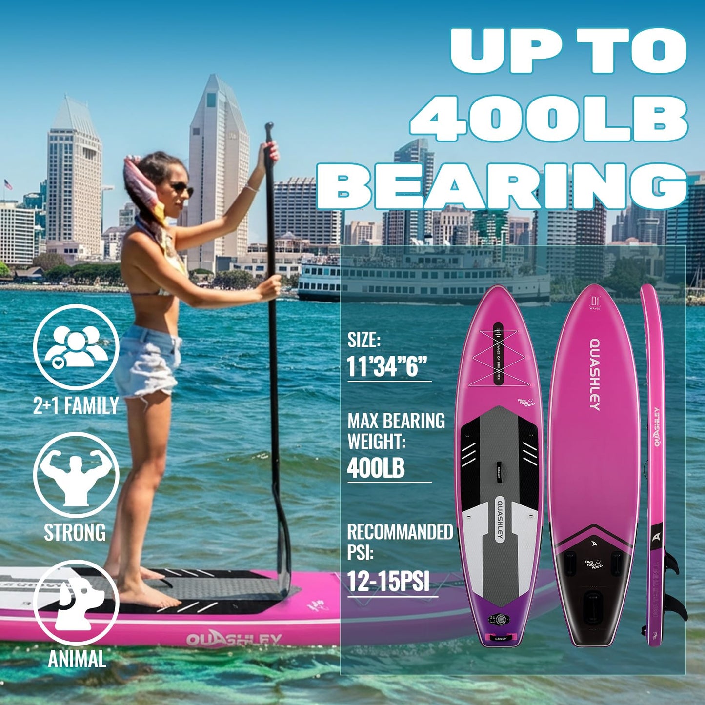 Quashley Inflatable Stand Up Paddle Board - All-Round SUP for Yoga,Fishing,Touring | Portable,Stable,Lightweight with Non-Slip Deck & Paddle for Beginners & Family Fun Fade Purple