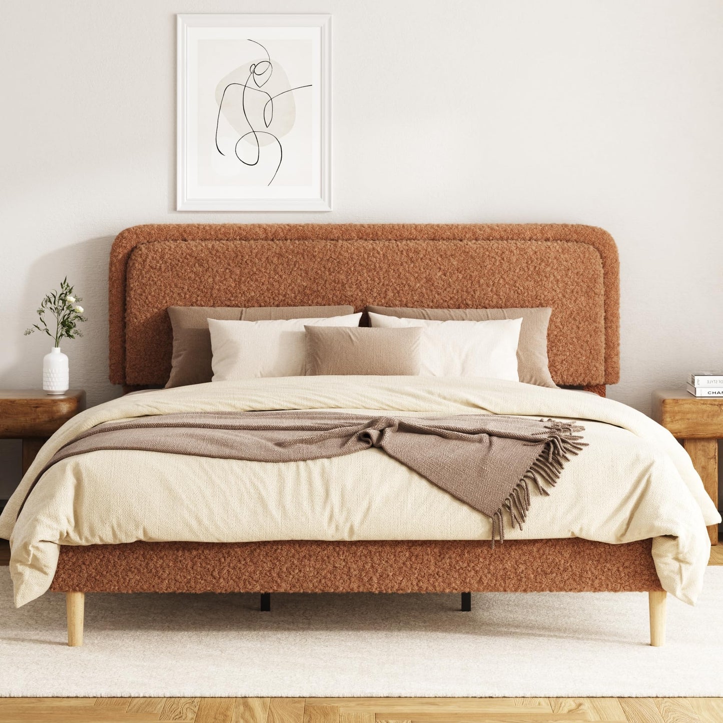 JULYFOX Boucle Upholstered Bed Frame with Adjustable Headboard Height, No Box Spring Needed, Noise Free Platform Bed Frame, Teddy Soft Fabric Bed Base, 1000 Lbs Heavy Duty Support (Brown, King)