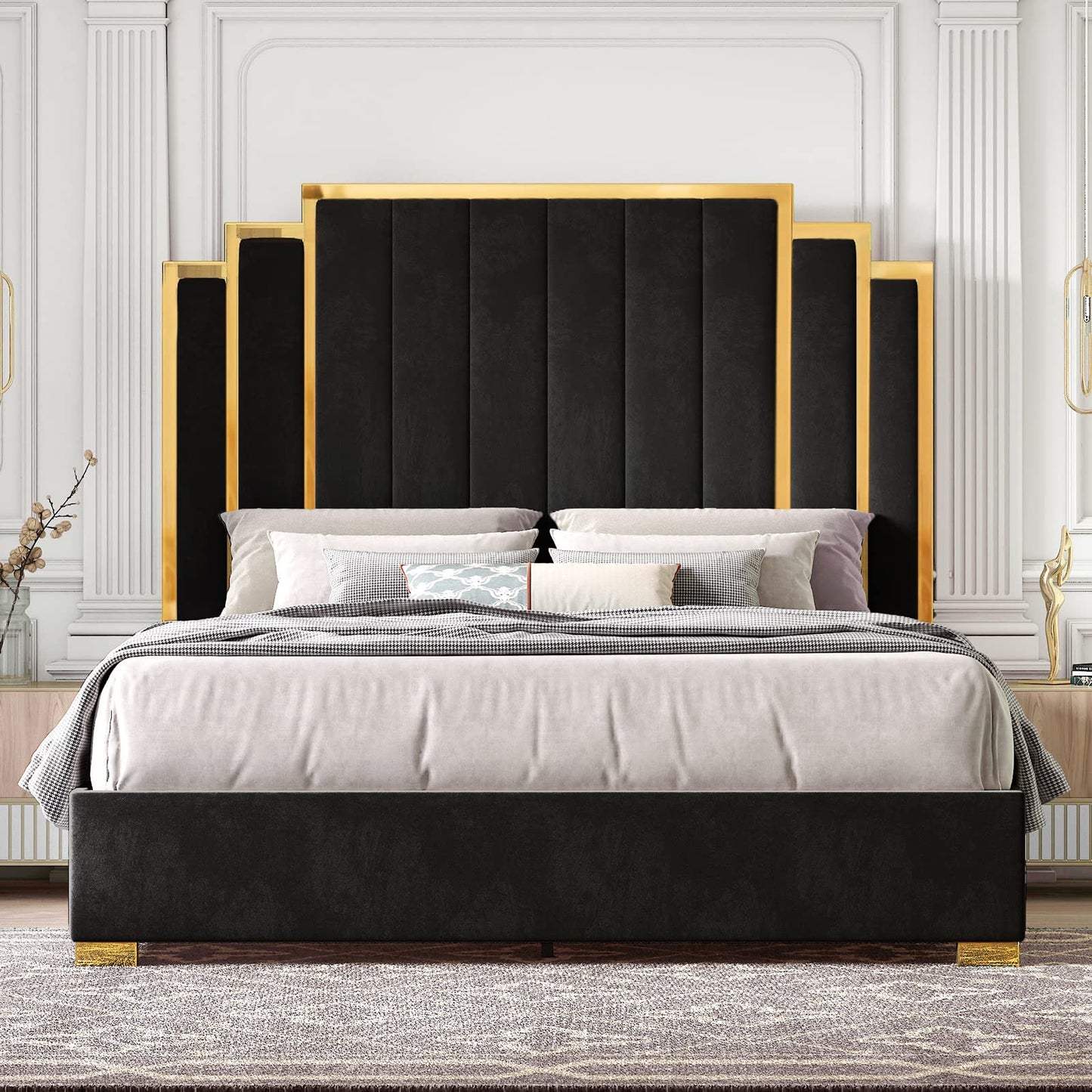 HOWE 61" King Size Upholstered Bed Frame with Golden Plating Trim, Black