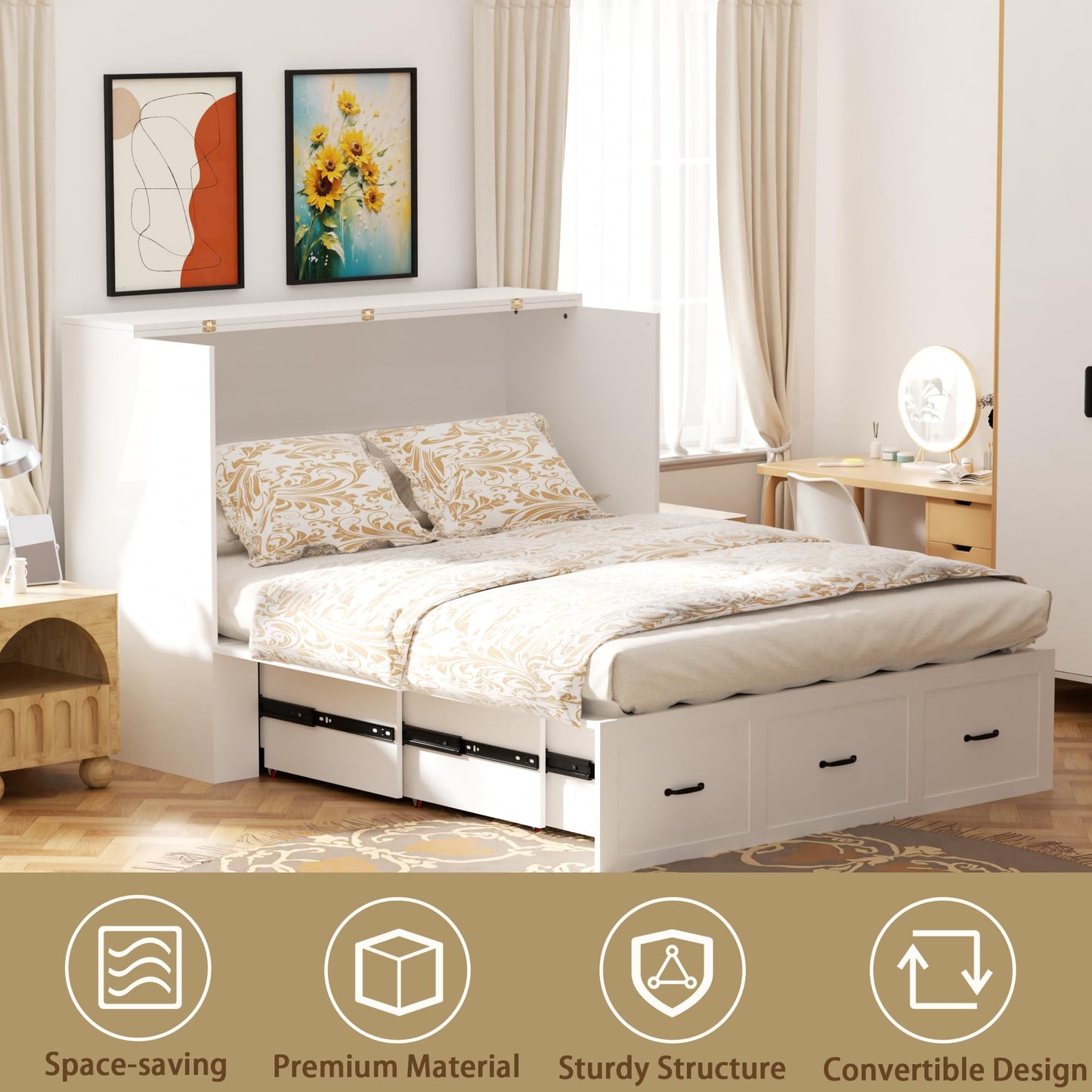 Full Size Murphy Bed Wood Wall Bed Cabinet with Large Drawer Space-Saving Hidden Foldable Platform Bed Chest Mobile Cabinet Bed Frame Storage Cabinet with USB Ports for Bedroom, Guest Room White