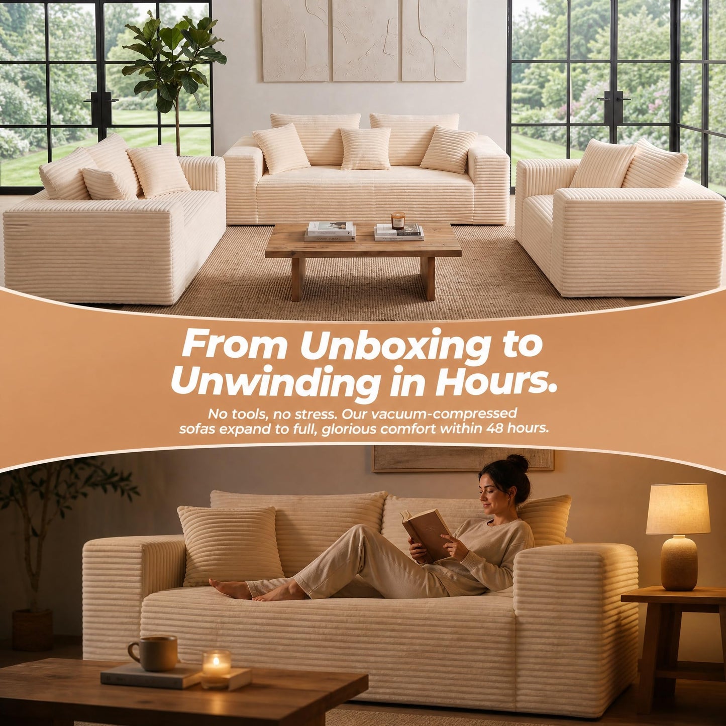 Trygoal 3-Pieces Sectional Boneless Couch Set for Living Room, Oversized Couch Including 3-Seater & 2-Seater & Single Chair, Deep Seat Sofa Set with Armrests & Pillows,No Assembly Required, Beige