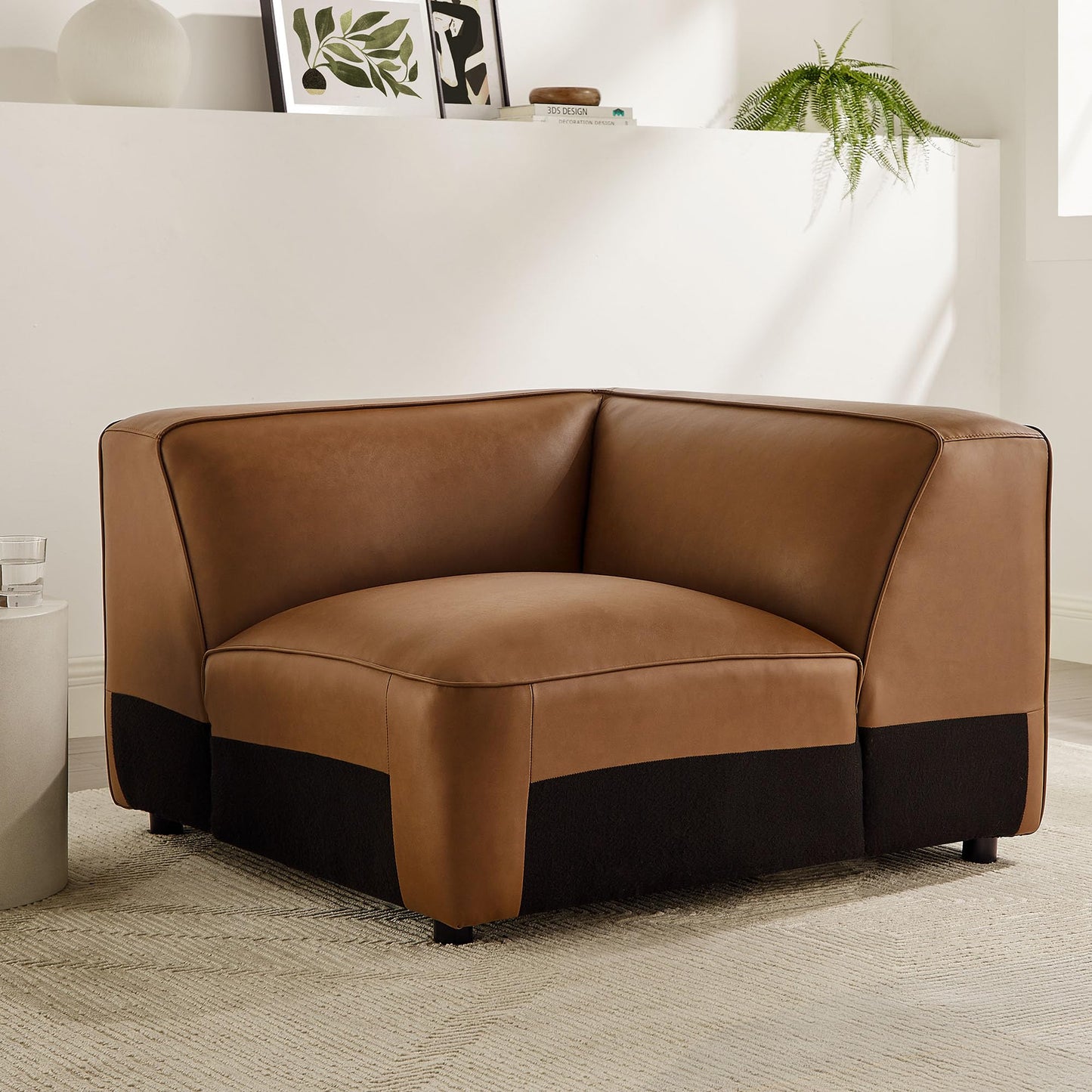 Modway Auren Vegan Leather Corner Modular Chair in Coffee - Mid Century Modern Faux Leather Corner Sectional Couch - Living Room Armless PU Leather Single Sofa Chair