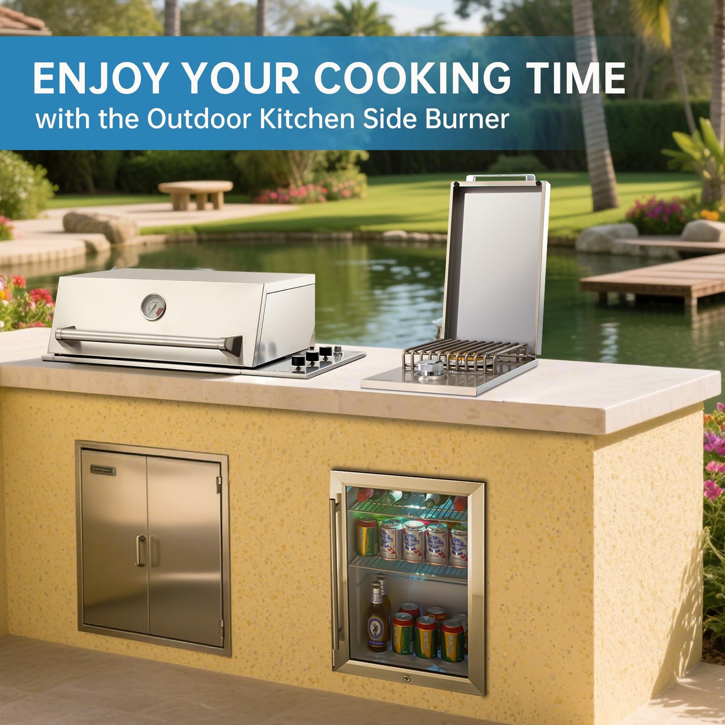 Built-in Single Side Grill Burner with Cover, Silver 304 Stainless Steel Side Burner for Outdoor Kitchen, Propane & Natural Gas, Outdoor BBQ for Family Patio Parties