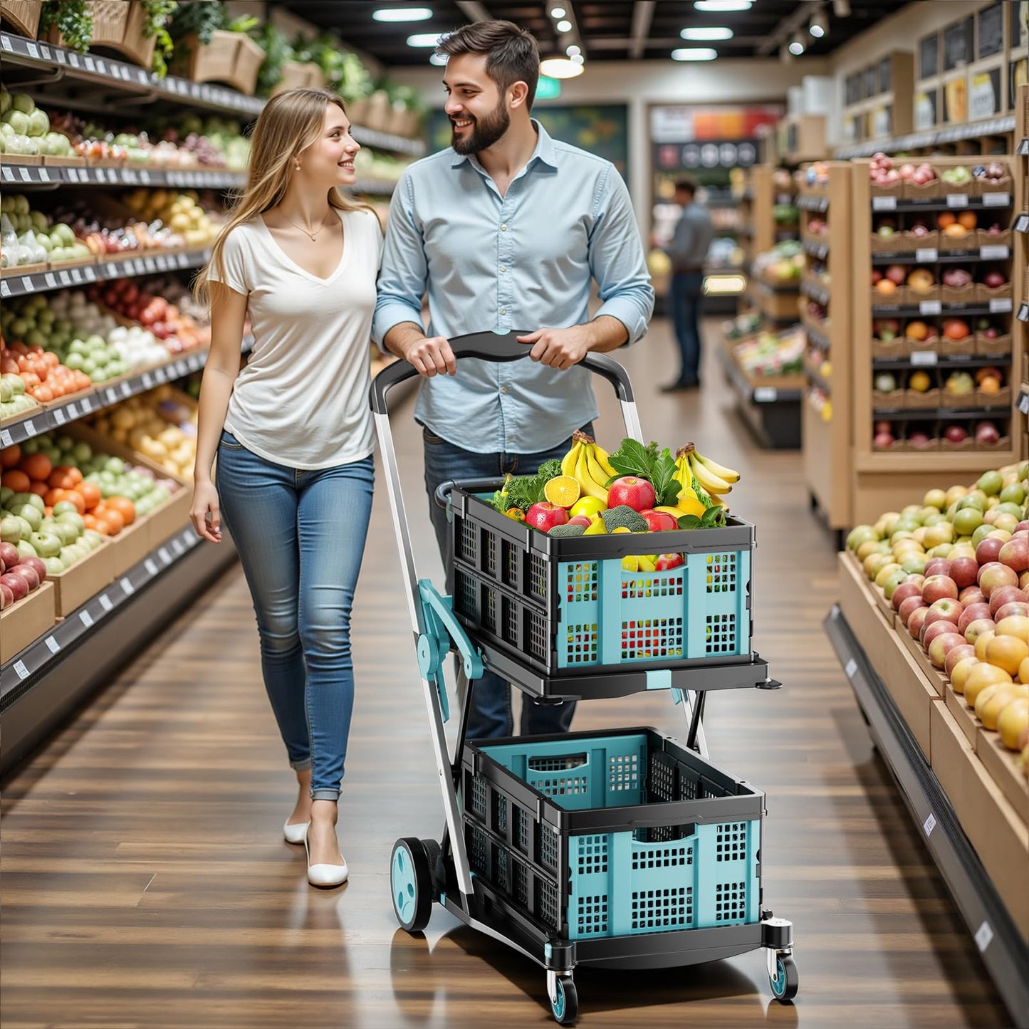 Foldable Shopping Cart, 200 lbs Capacity Grocery Cart on Wheels with Two Collapsible Crate Heavy Duty Collapsible Carts with Foot Brake for Groceries, Office, Warehouse and Supermarket