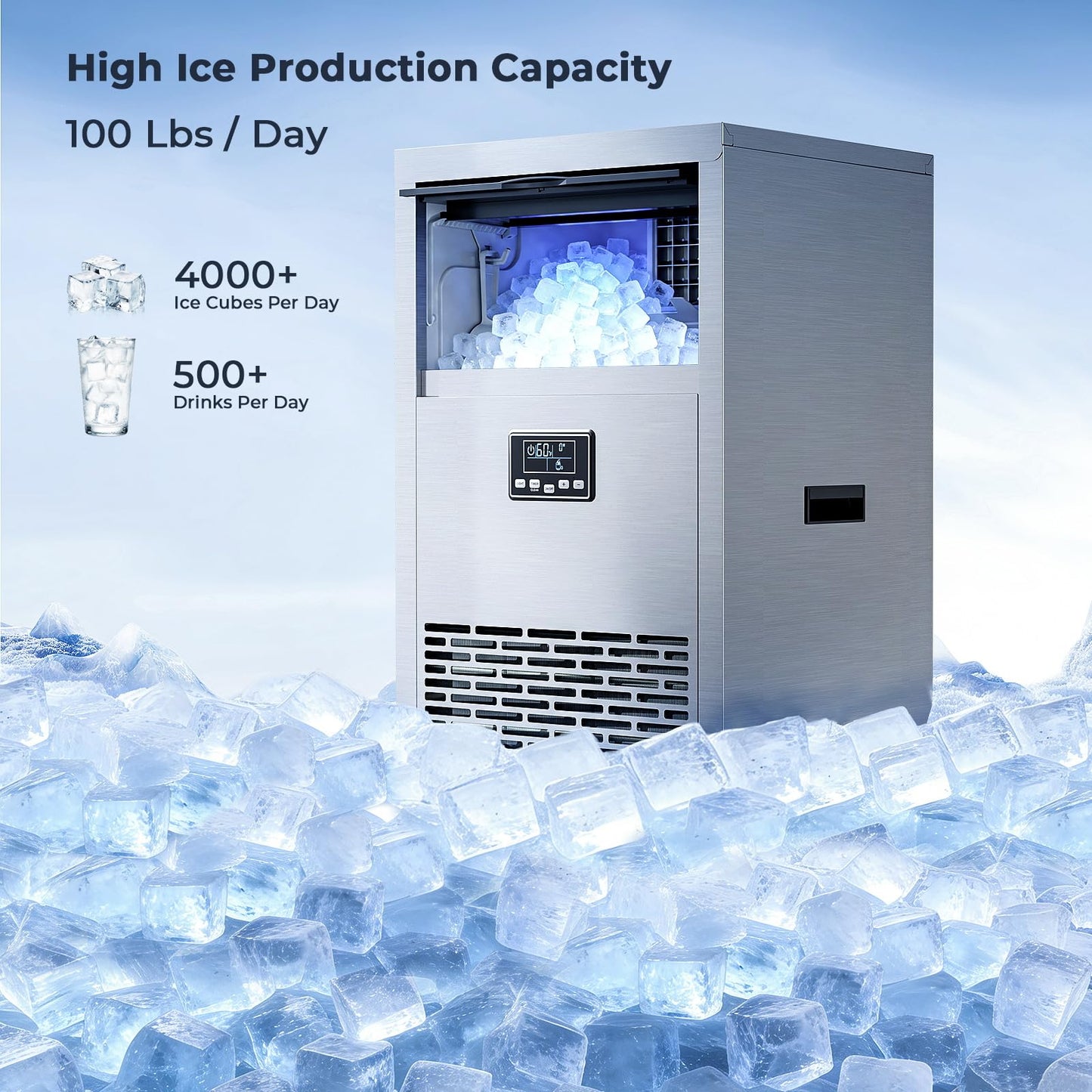 Kismile Commercial Ice Maker, 100 lbs/24H Ice Machine with 29 lbs Storage, Under Counter Ice Maker with LED Display & Self-Cleaning, 304 Stainless Steel Structure for Home, Bar, Outdoor Kitchen
