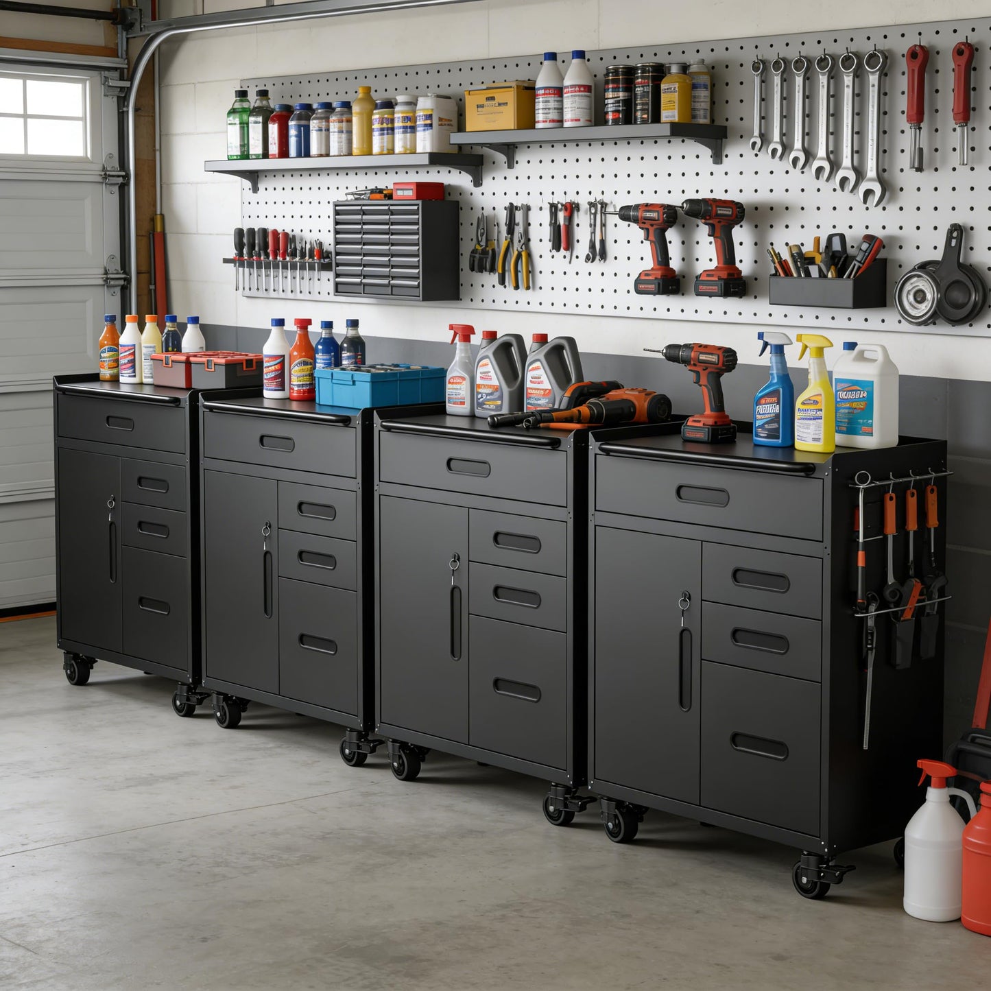 EKJ Metal Garage Storage Cabinet on Wheels, Lockable Rolling Tool Cabinet with Doors and 4 Drawers, Heavy Duty Mobile Steel Cabinet for Garage Warehouse Workshop