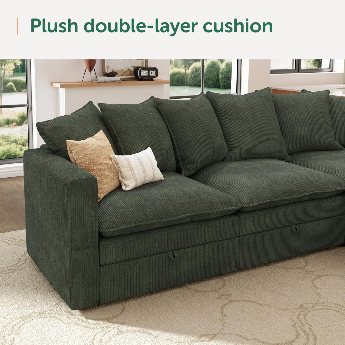 HONBAY Modular Sectional Sofa, 105.5 Inch Deep Seat U Shaped Couch with Storage & Adjustable Armrest Backrest, Green