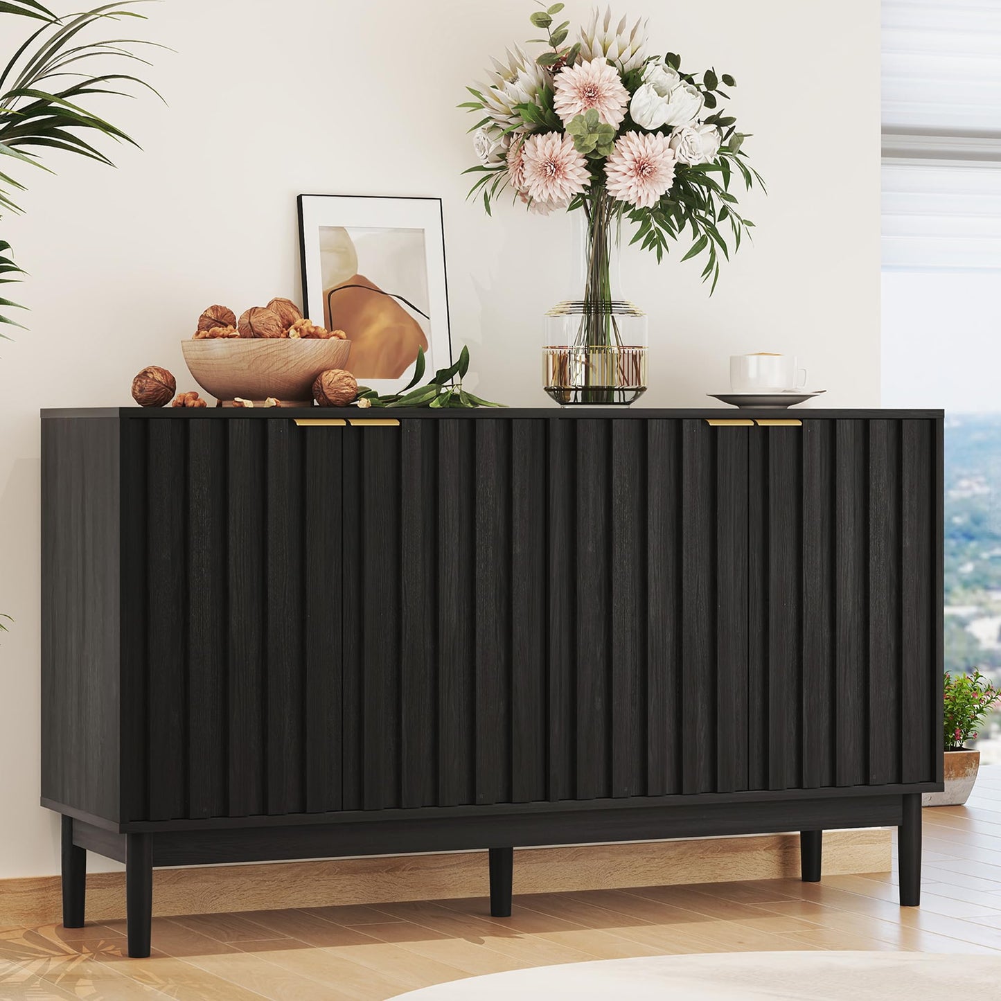 Otterease Fluted Cabinet with Storage, Small Buffet Cabinet Sideboard with Door, Kitchen Buffet Storage Accent Cabinets with Adjustable Shelves for Living Room, Entry, Hallway,Black
