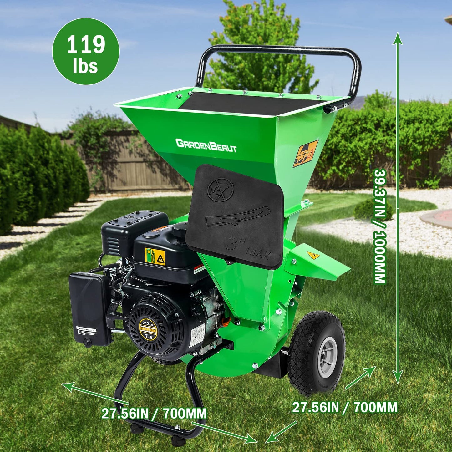 GARDENBEAUT 3 in 1 Wood Chipper Shredder Mulcher MF30, 7HP 212cc Heavy Duty Gas Powered, Max 3" Diameter Capacity for Wood, Limb, Leaves with Two Hoppers,4 Y-Hammers, Included Debris Bag