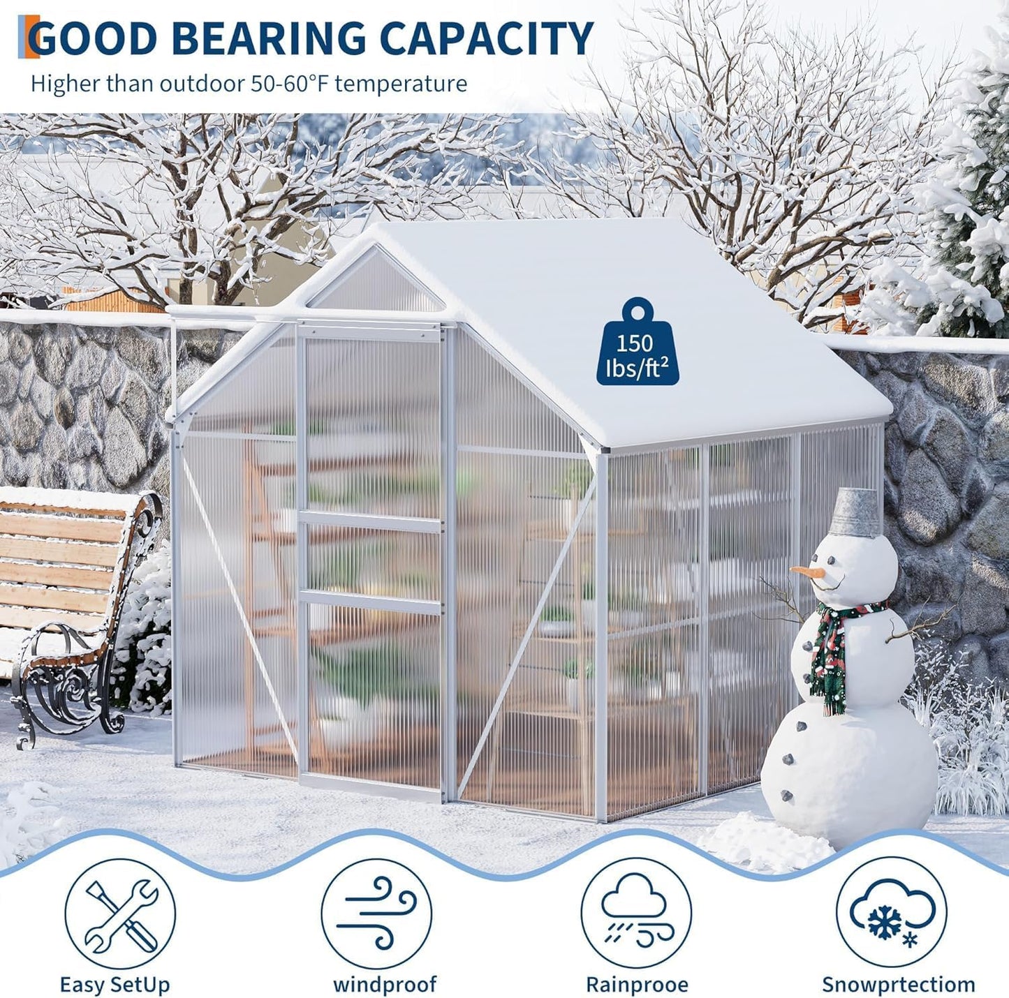 IDEALHOUSE 6x6 ft Polycarbonate Greenhouse with Adjustable Roof Vent, Walk-in Greenhouse for Outdoor Garden Backyard, Heavy Duty Aluminum Frame, 720g/M² PC Panels, Silver
