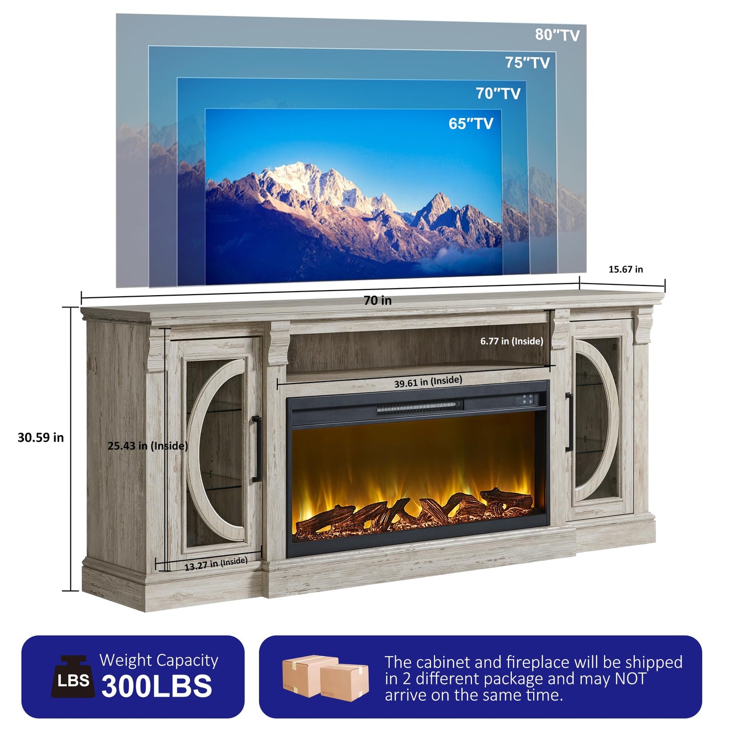 Unineo Crescent TV Stand with Fireplace for up to 80 Inch TV, LED Entertainment Center with 36 Inch Electric Fireplace, Farmhouse TV Console Table w/Glass Door for Living Room, Brushed White
