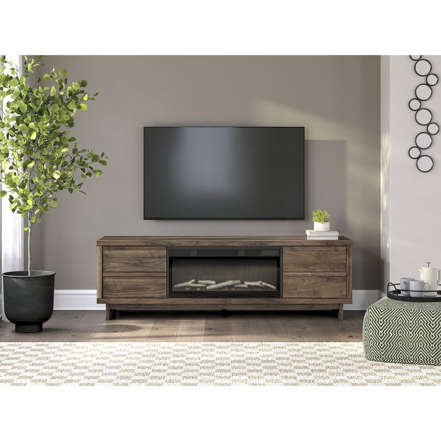 Signature Design by Ashley Zadilyn Mid-Century Modern 72" TV Stand with Electric Fireplace for TVs up to 82", Dark Brown