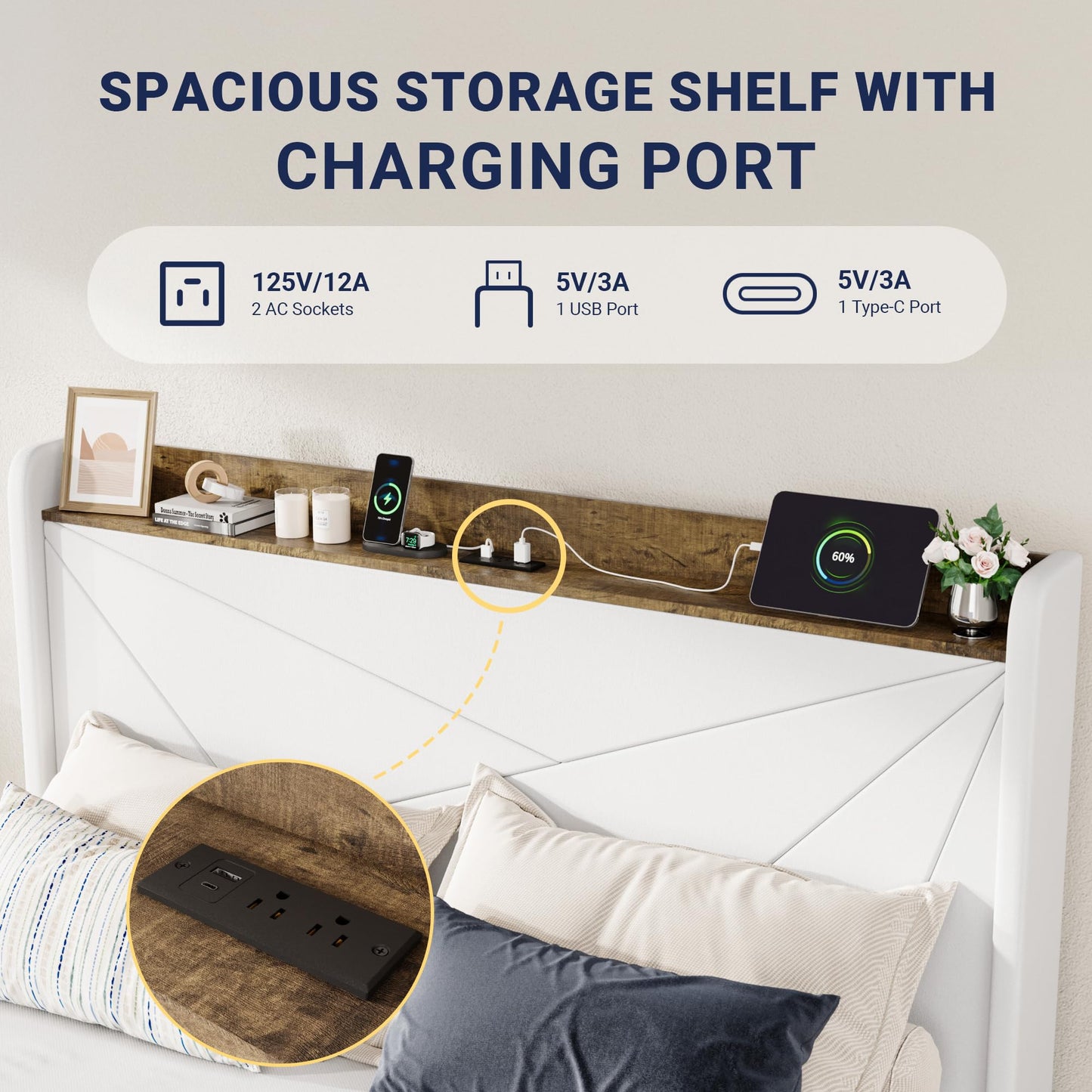 Allewie Full Size Velvet Bed Frame with 3 Storage Drawers, Upholstered Platform Bed with Wingback Storage Headboard and USB Ports, No Box Spring Needed, Easy Assembly, White