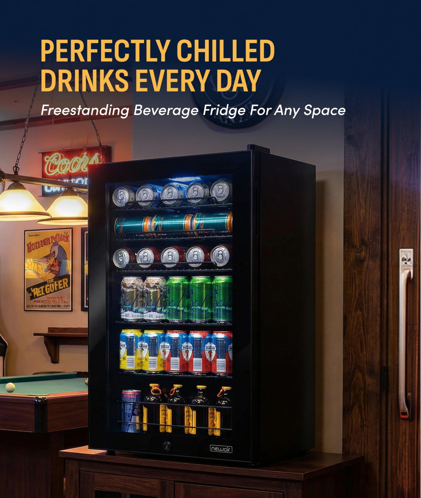 NewAir 126 Can Beverage Refrigerator | Freestanding Small Mini Fridge for Bedroom with Glass Door | Drink Cooler with Adjustable Shelves, Quiet Cooling & Locking Door | Black