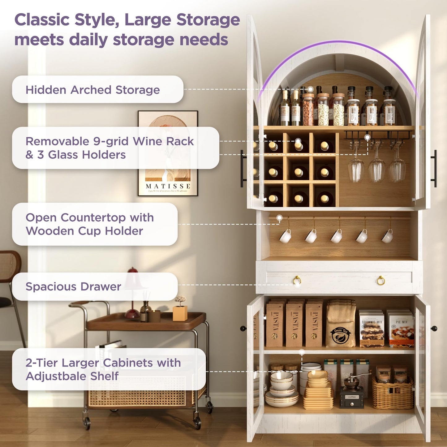 Merax 70" Tall Arched Farmhouse Pantry Cabinet with Glass Doors, White
