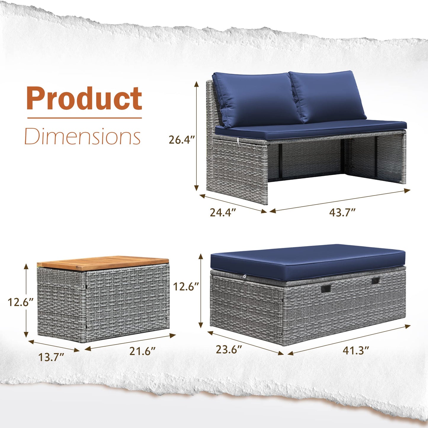Greesum Patio Furniture Set Multifunctional Outdoor Sectional Sofa Rattan Chaise Lounge Wicker Daybed with Couch, Cushions, Storage Ottoman and 2 Side Tables for Backyard Porch Poolside Lawn,Blue
