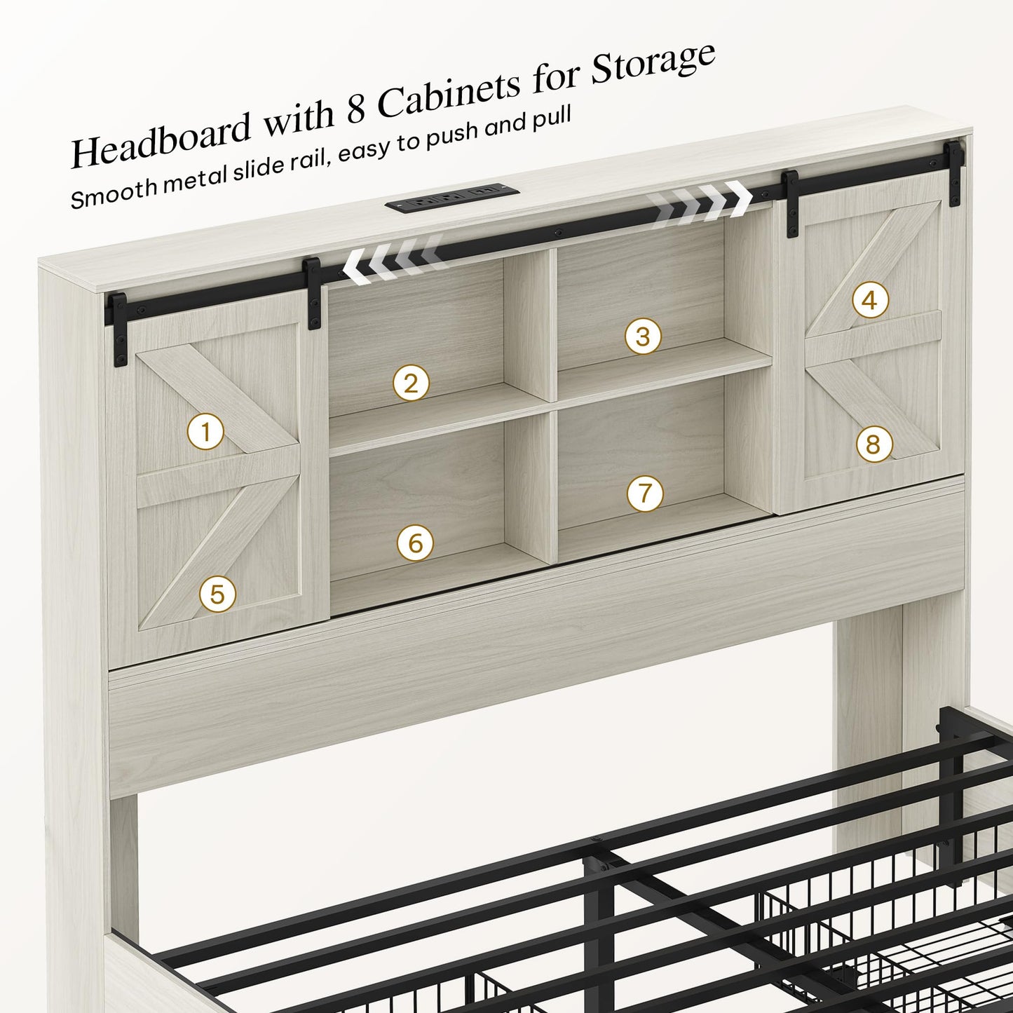 DWVO Farmhouse Queen Size Bed Frame with Storage Bookcase Headboard, Sliding Barn Door, 4 Storage Drawers, RGB LED Bed Frame with USB Charging Station, No Box Spring Needed, Antique White