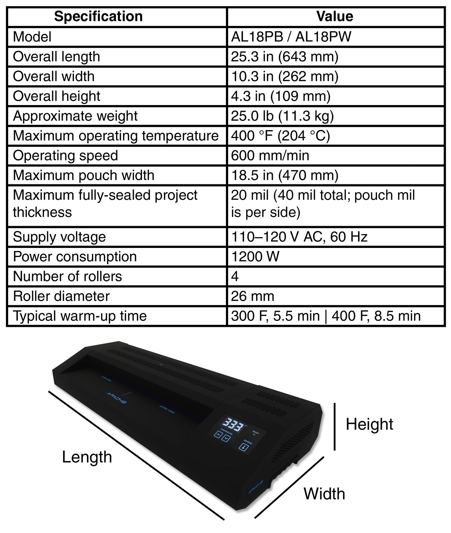 Apache Professional Laminator, Thermal Pouch, 18.5 Inch Max Width, 1.5-20 Mil, True Anti-Jam Technology, School & Office Lamination Machine, Variable Temperature, Fast Output, Robust Design