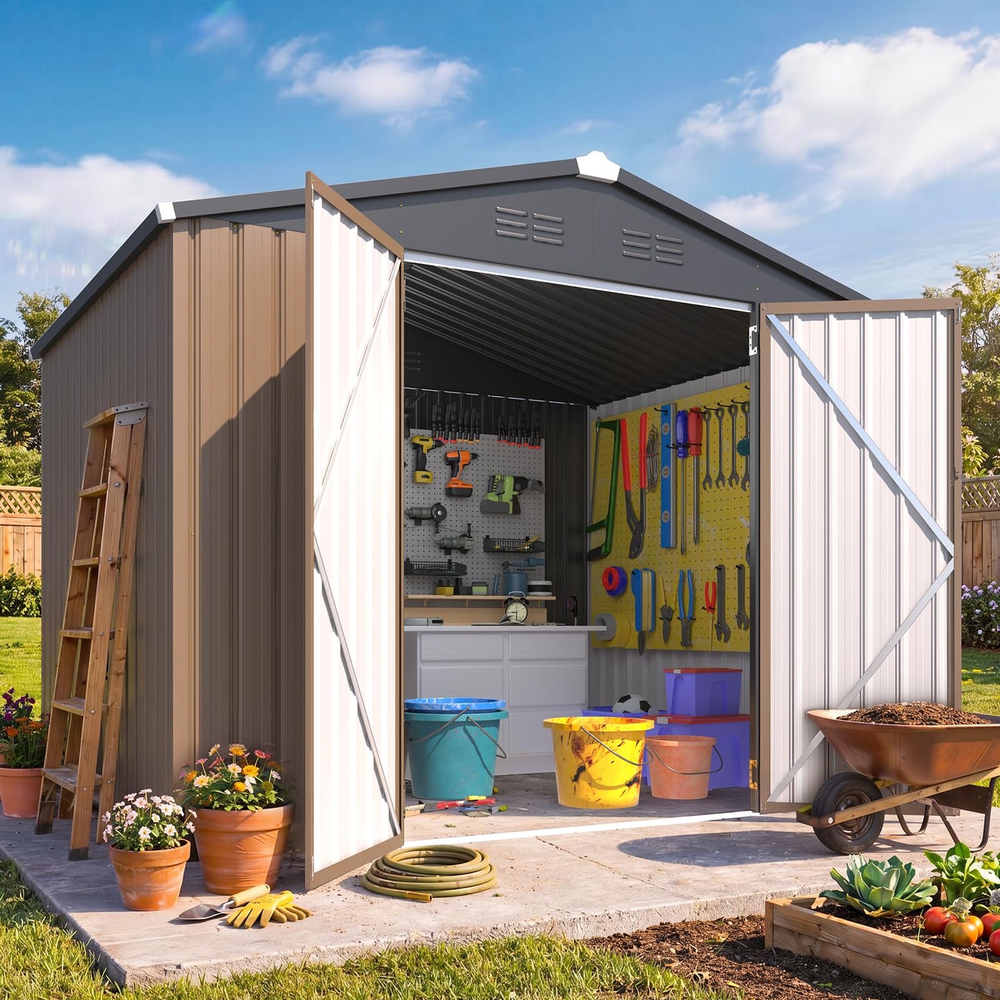 AECOJOY 6' x 8' Outdoor Metal Storage Shed, Heavy Duty Garden Tool Shed with Lockable Double Hinged Door, Small Lawn Mower & Bike Storage Shed for Backyard, Patio - Gray