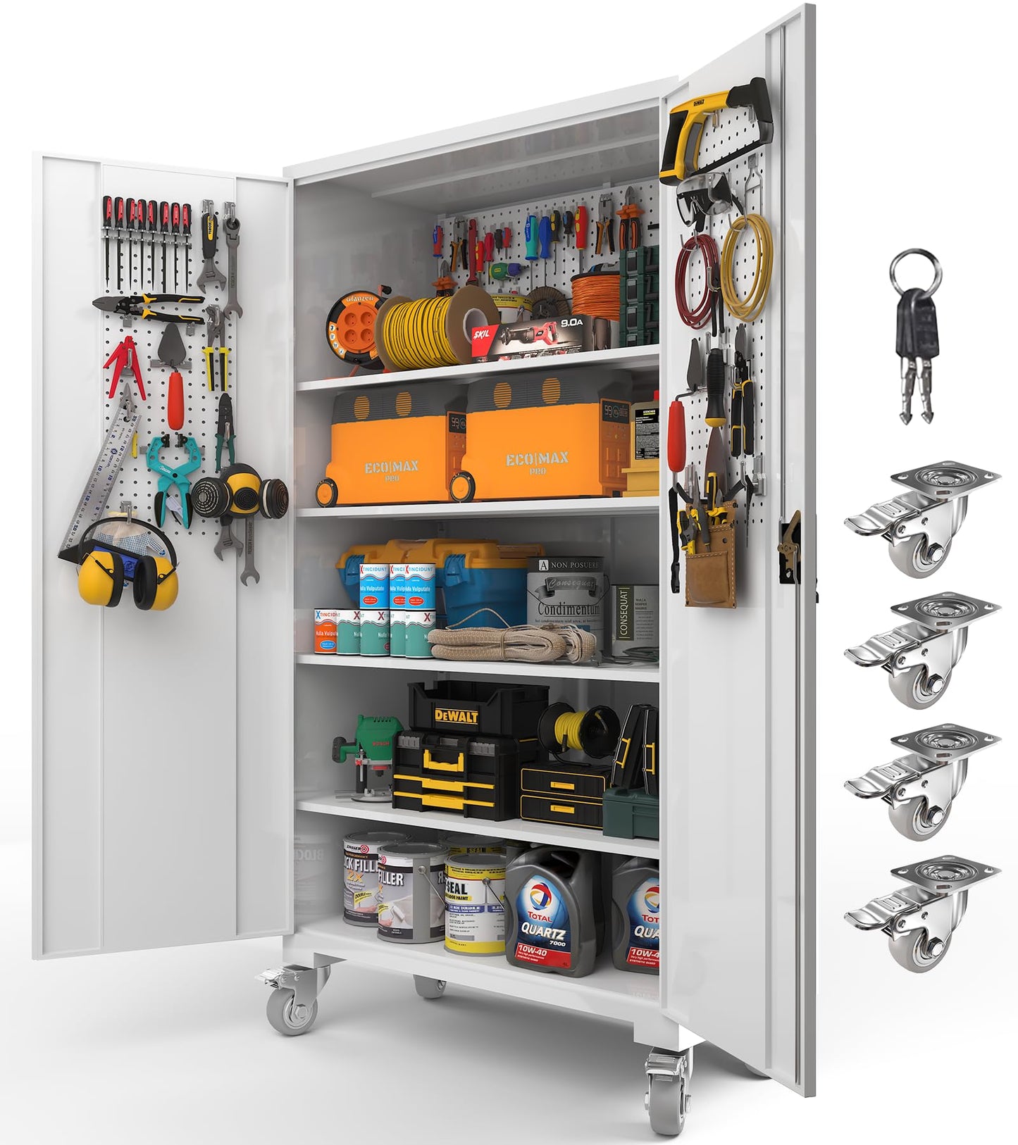 Upgraded Tall & Wide Metal Storage Cabinet with Doors & 4 Adjustable Shelves | Heavy-Duty Black Lockable Garage Cabinet with Wheels & Pegboard for Office, Gym, Basement, Warehouse (White)
