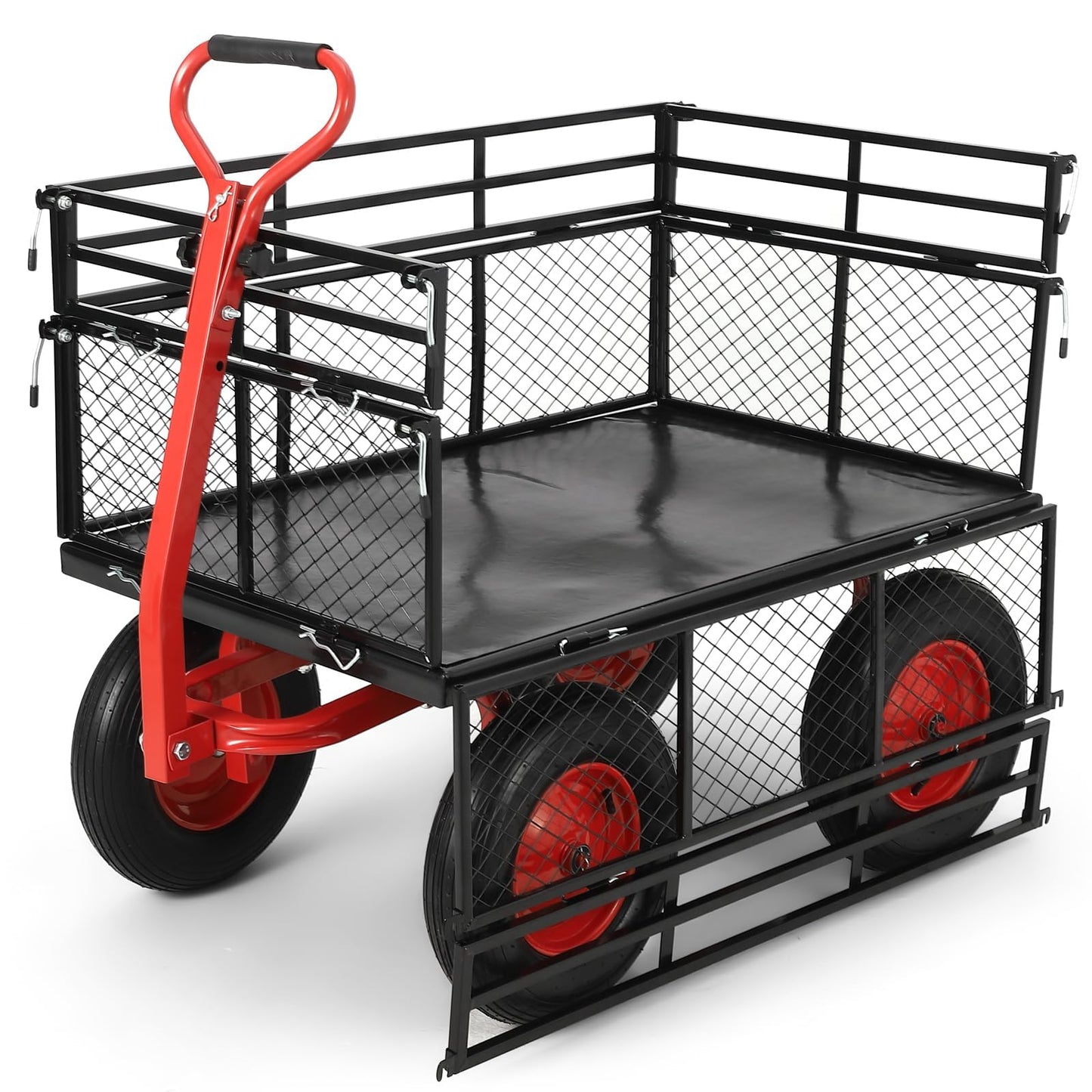 GarveeHome 1400Lbs Heavy Duty Steel Garden Cart, Garden Wagon Cart on Wheels, Metal Yard Utility Wagon with Removable Mesh Sides, 2-in-1 180° Rotating Handle and 16 Inch Wheels for Garden, Farm, Yard