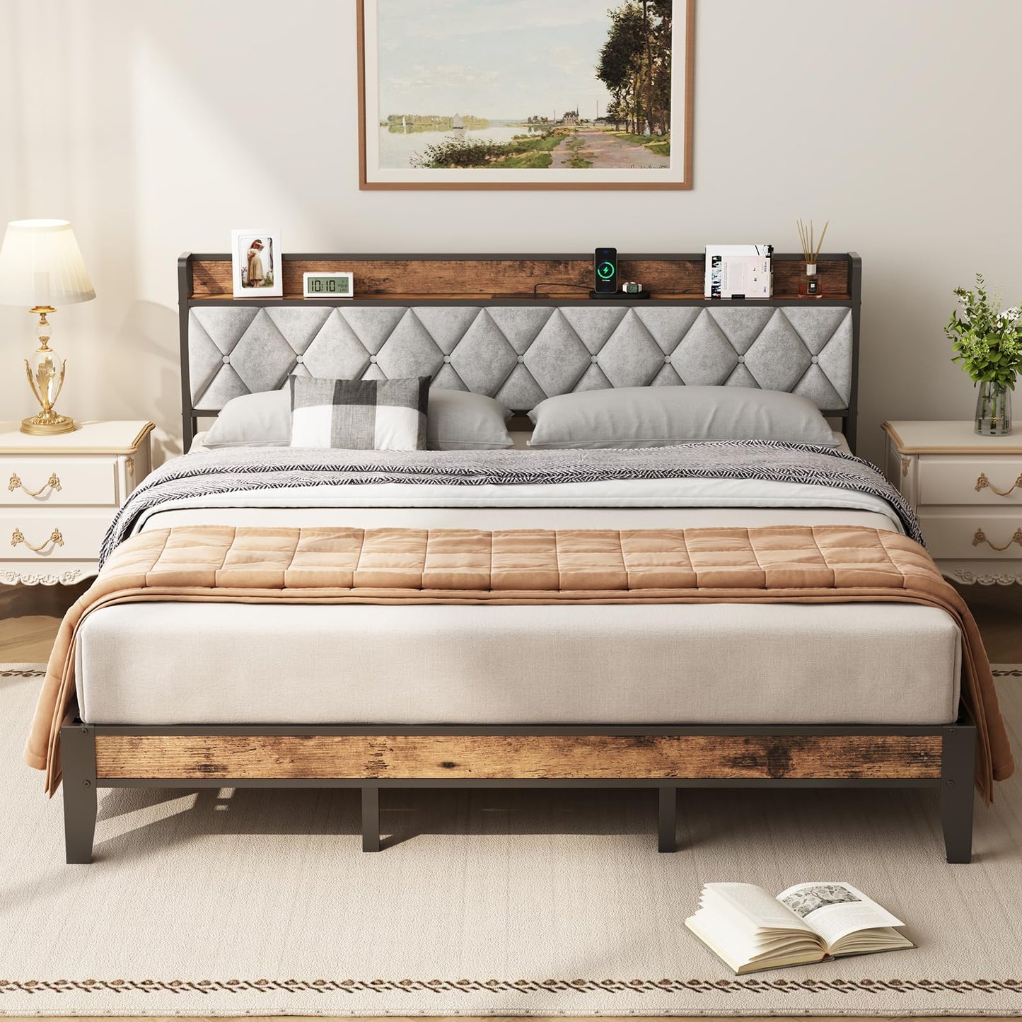 DUMOS King Size Upholstered Platform Bed Frame, King Bed with Storage Drawers and Fabric Headboard, Wooden Slats Support, 1323 lbs Weight Capacity, No Box Spring Needed, Easy Assembly, Gray