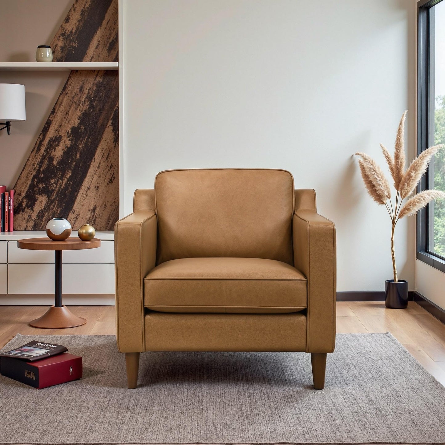 GDFStudio Cooper 32.7" Mid-Century Modern Genuine Leather Accent Chair, Top Grain Buffalo Leather Lounge Chair with Track Armrests & Walnut-Finished Legs for Living Room Bedroom Reading Room, Tan
