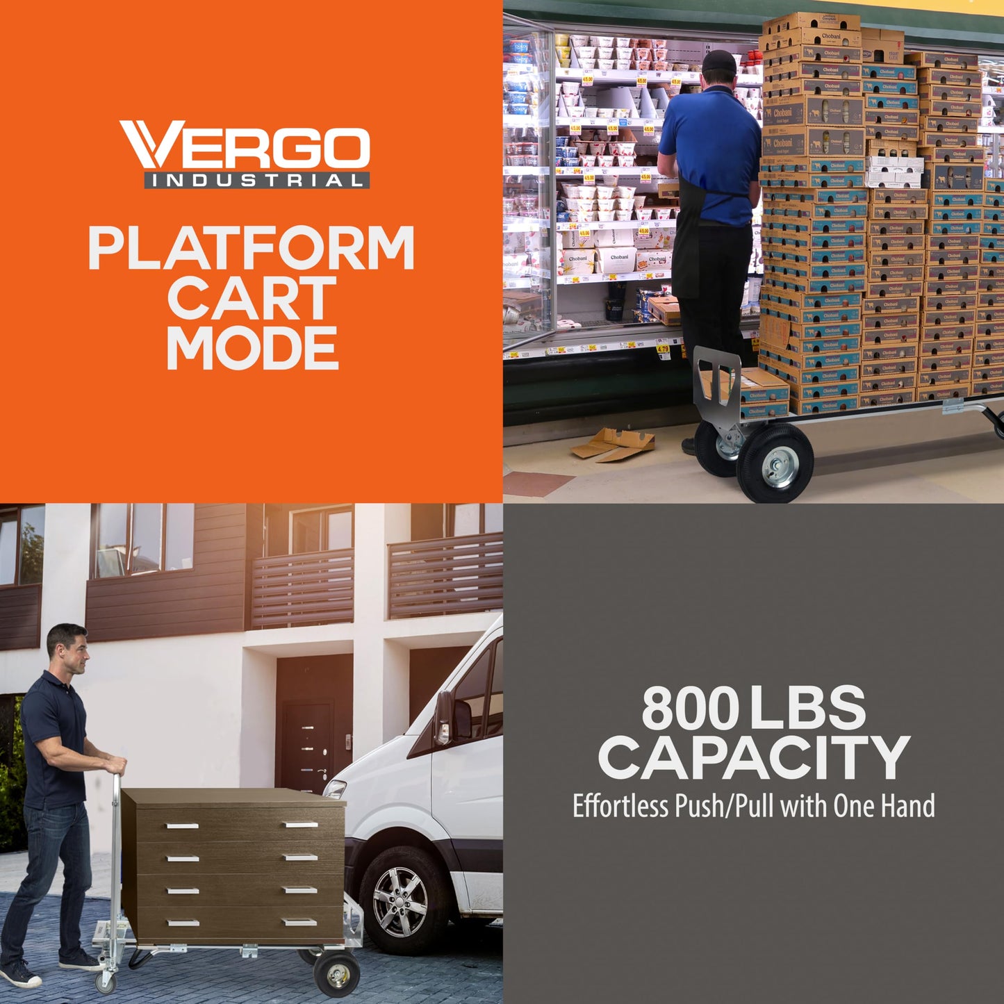 Vergo Industrial Convertible Hand Truck - AS7B Heavy Duty Aluminum 2 in 1 Dolly (800 lb Capacity) Lightweight Reinforced Frame, Ergonomic Handle, Superior Mobility Moving Dolly (2 Positions, 63" High)