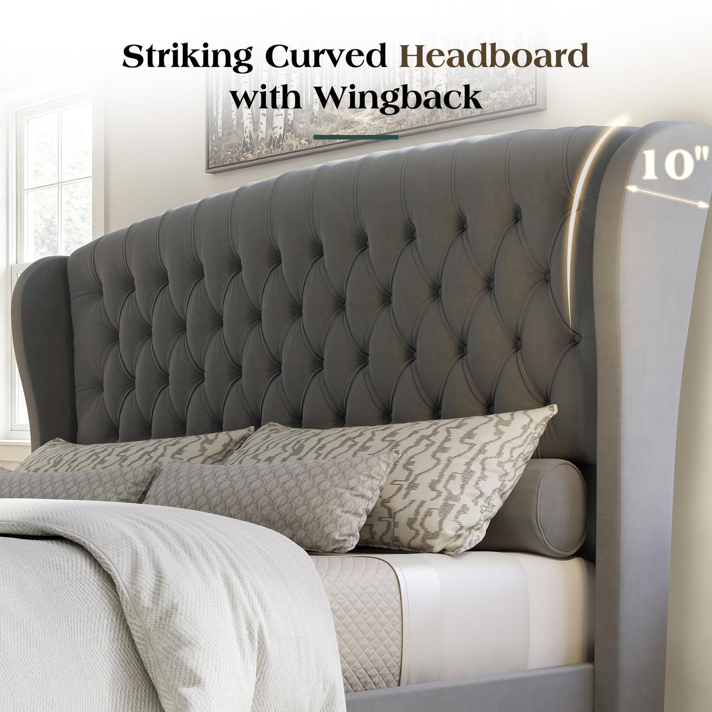 LUXOAK California King Size Platform Bed Frame, Velvet Upholstered Sleigh Bed with Curved Headboard & Footboard, Deep Button Tufted, Wood Slats Support, No Box Spring Needed, Grey