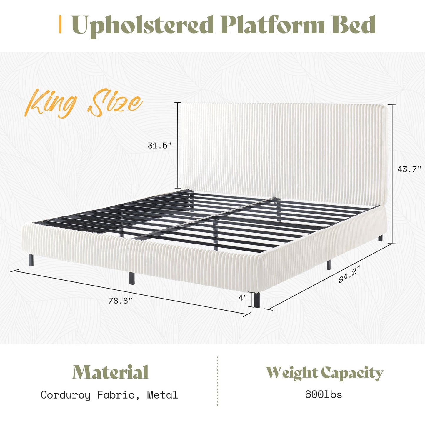 AMERLIFE King Bed Frame, Upholstered Metal Platform Bed with Vertical Channel Tufted Headboard, Soft Fabric & Strong Metal Slats, No Noise/Easy Assembly, White King Upholstered Bed and Headboard