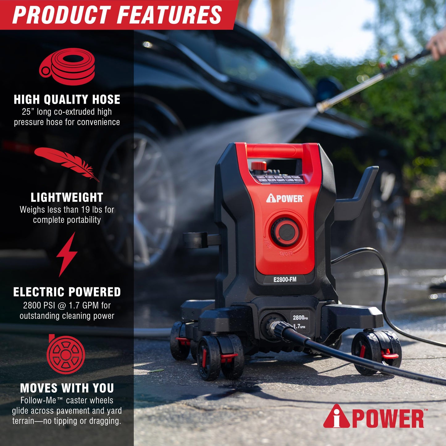 A-iPower Follow Me Electric Pressure Washer 2800 Max PSI 1.7 GPM Anti-Tipping Design with 5 Nozzles, Soap Dispense for Fences, Driveways, Patios, Cars, Home Cleaning, E2800-FM, Red
