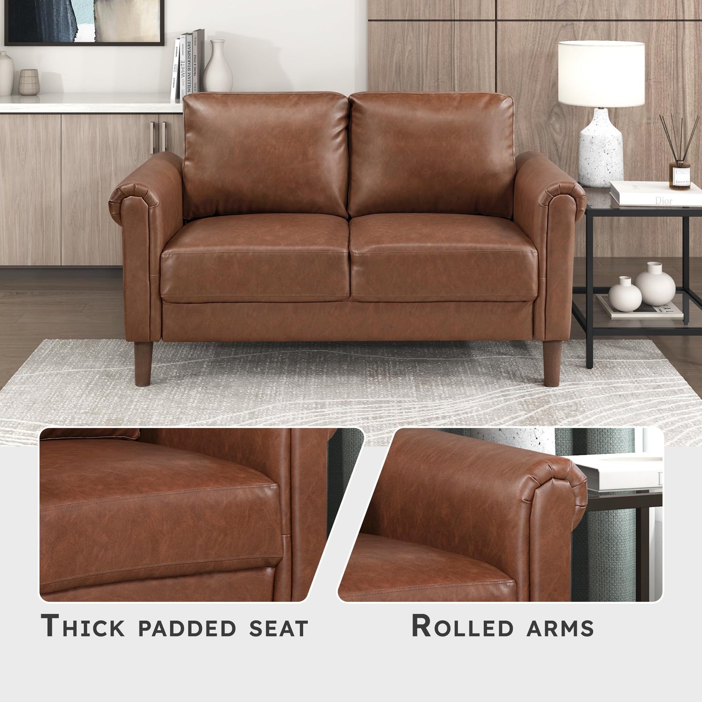 Lexicon 57" W Faux Leather Loveseat Sofa, Upholstered 2-Seater Couch with Rolled Armrest & Wood-Look Feet, Traditional Small Space Living Room, Office or Waiting Room Seating - Chocolate