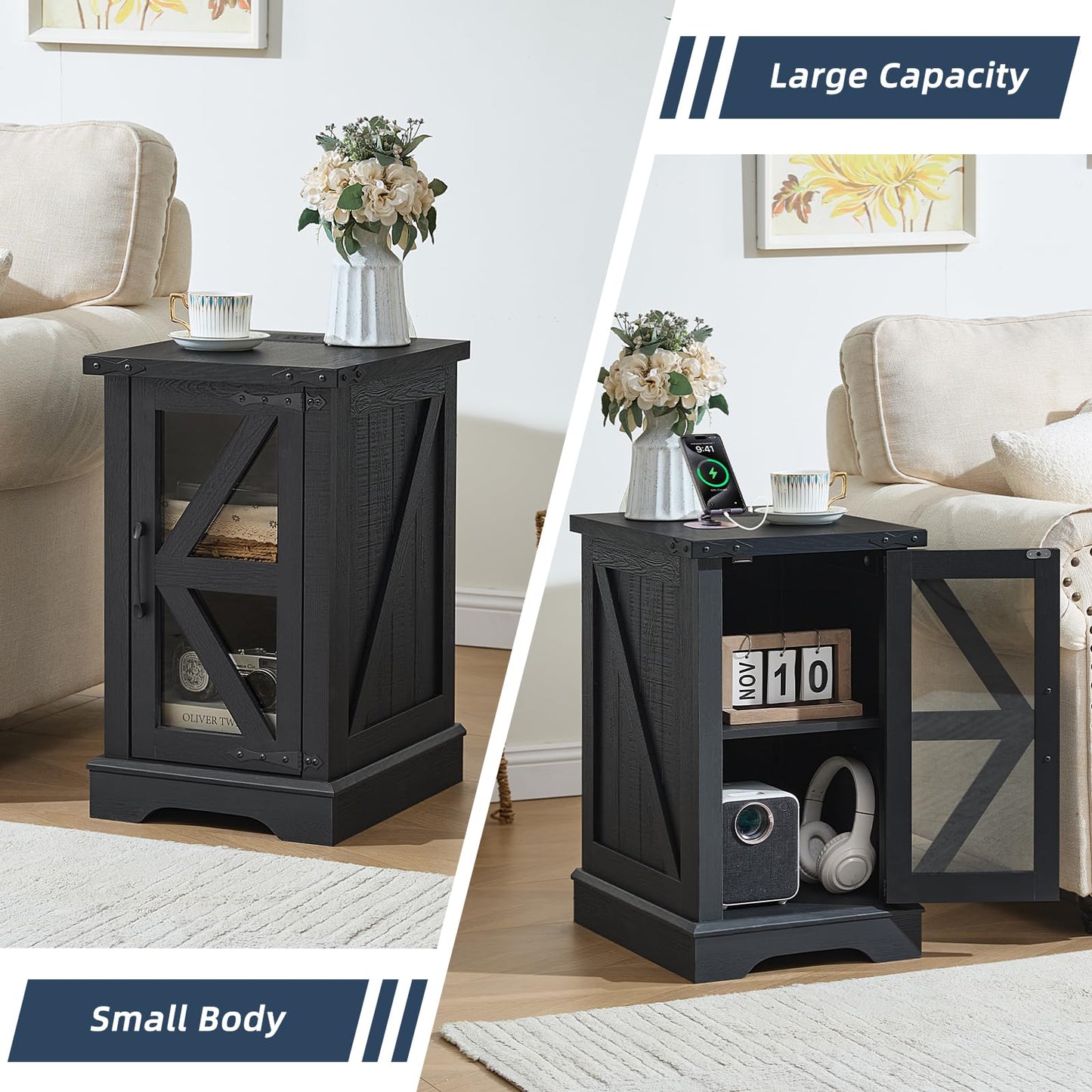 Joaxswe Narrow Night Stand Set 2 with Charger Station, Farmhouse Side End Table with Glass Barn Door Storage, Bedside Tables, Black Nightstand Cabinet Organizer for Small Spaces Living Room Bedroom