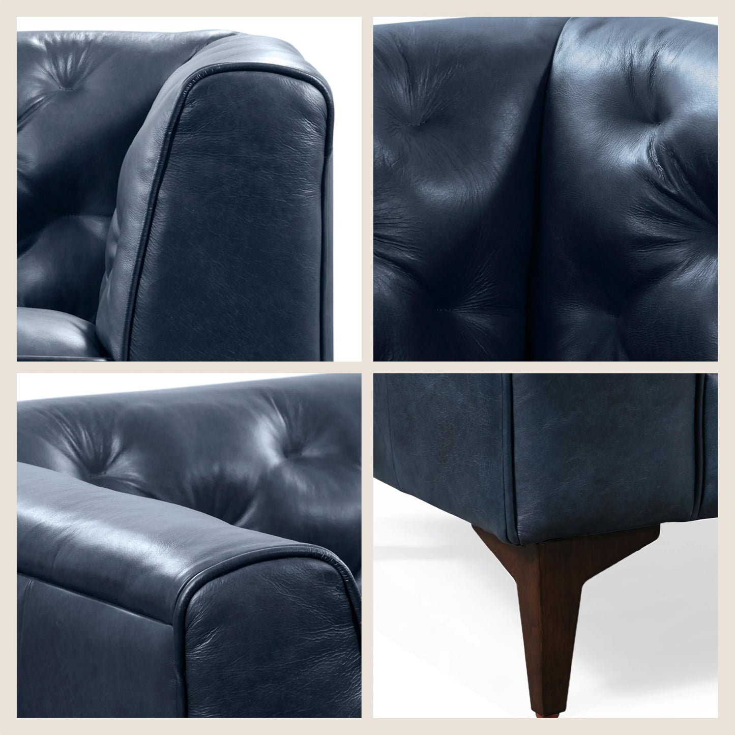 POLY & BARK Essex 89” Full-Grain Italian Leather Sofa – Tufted Back, Feather-Down Comfort, Solid Wood Frame, Midnight Blue