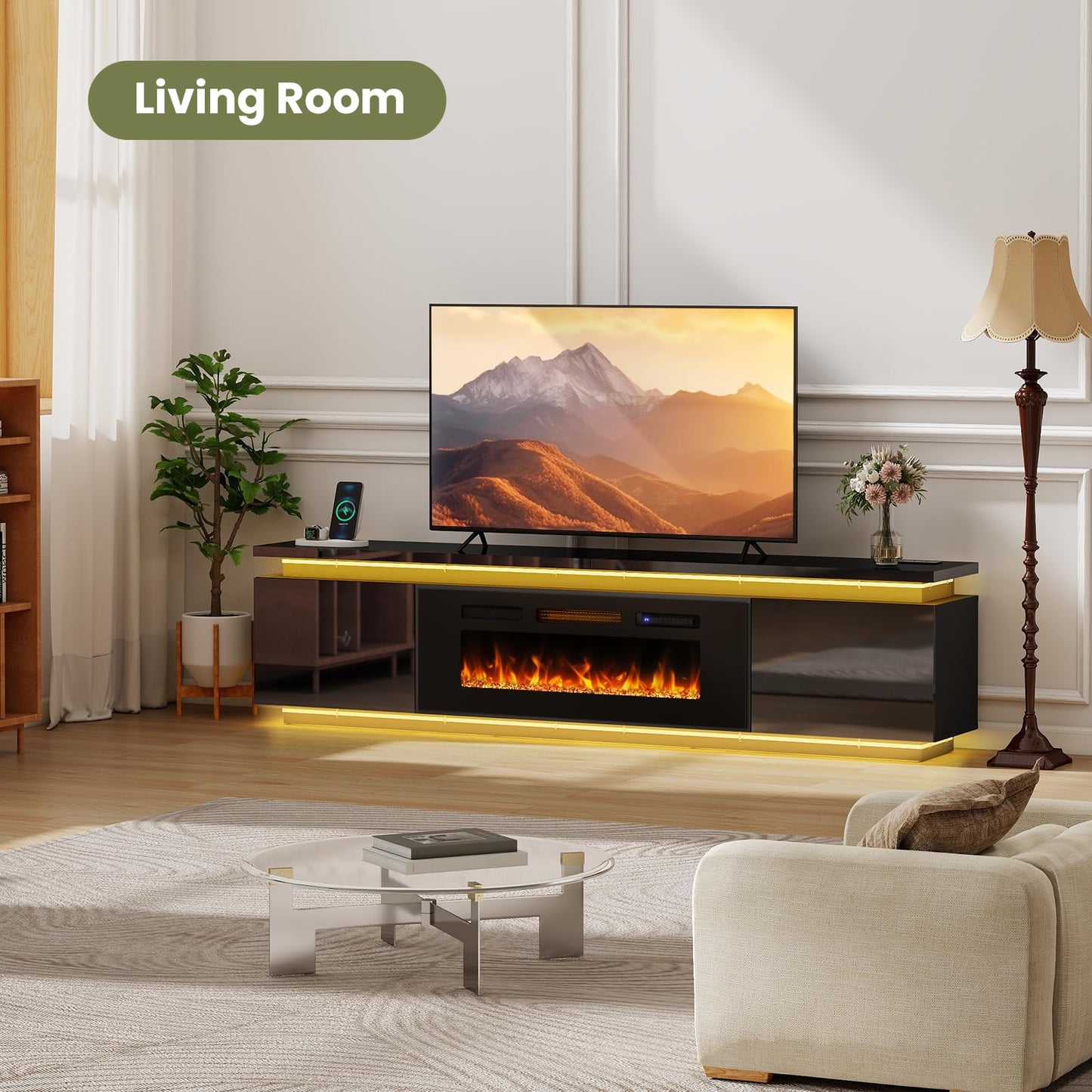 Lamtor Fireplace TV-Stand with 40" Fireplace - 2 LED Light TV-Stand for 90 95 inch TVs - Entertainment Center with 4 AC Power Outlets - 2 Tier TV Consoles Stand for Living Room, Black