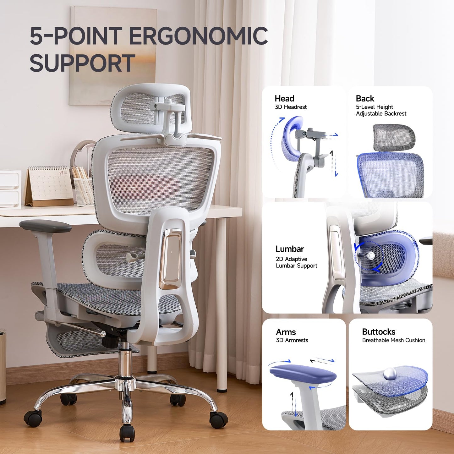 LarkLeaves Office Chair with Footrest, Ergonomic Chair with 3D Headrest, Computer Chair with Adjustable Backrest & 3D Armrest, Gaming Chair with Adaptive Lumbar Support, Mesh Backrest & Cushion, Grey