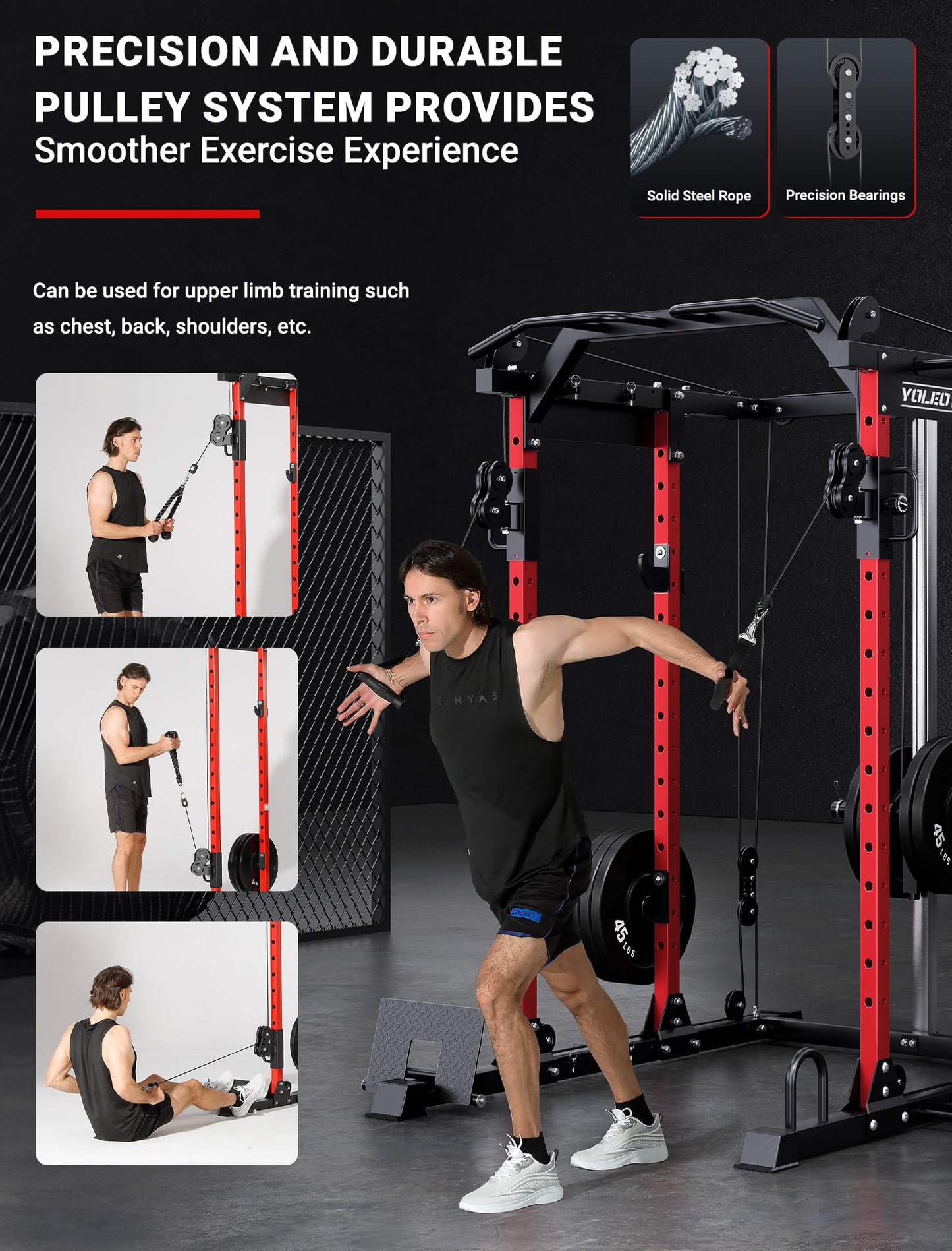 YOLEO Smooth Pulley System Power Cage, Adjustable Cable Crossover Power Rack, Multi-Functional Cable Machine for Home Gym (Power Cage)