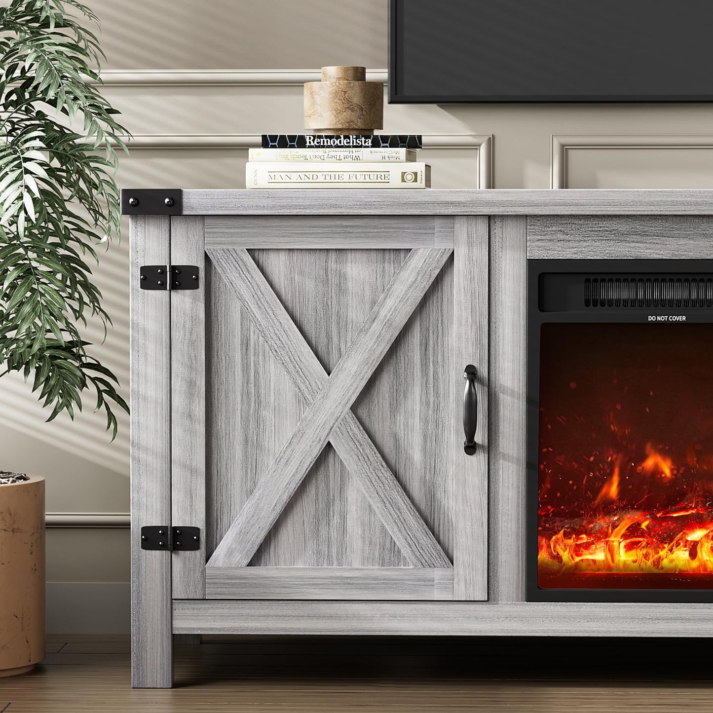 YESHOMY Fireplace TV Stand with Two Barn Doors and Storage Cabinets for Televisions up to 65+ Inch, Entertainment Center Console Table, Media Furniture for Living Room, 58 Inch, Gray