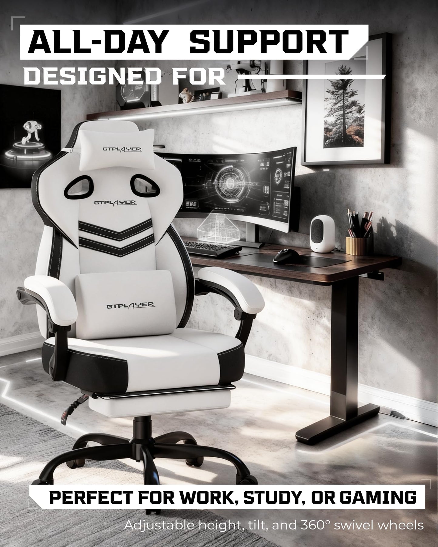GTPLAYER Gaming Chair, Computer Chair with Footrest and Lumbar Support for Adults, 360°-Swivel Big & Tall Reclining Seat for Office or Gaming (White)