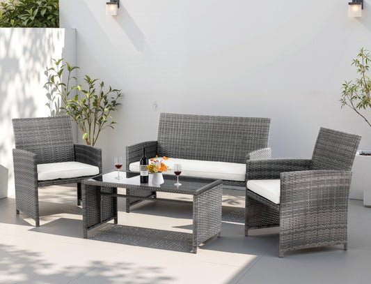 4 Piece Patio Ratten Set Outdoor Furniture Set Wicker Conversation Set with Cushions and Tempered Glass Tabletop,Beige