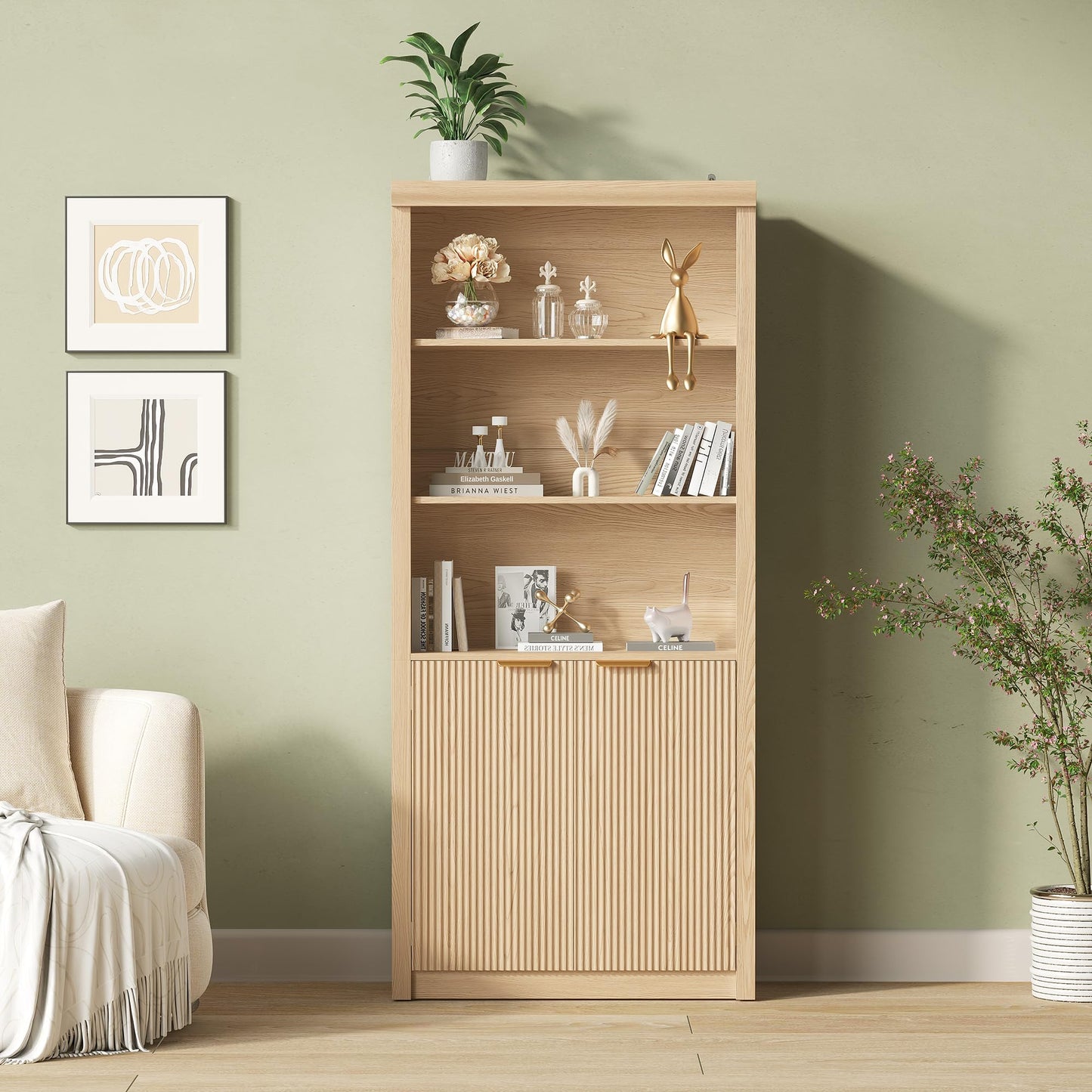 Garvee 71" Tall Bookshelf with Fluted Doors, 5 Tier Bookcase Display Shelves with Storage Cabinet & Adjustable Shelf, Mid-Century Modern Bookshelves for Home Office, Living Room, Oak