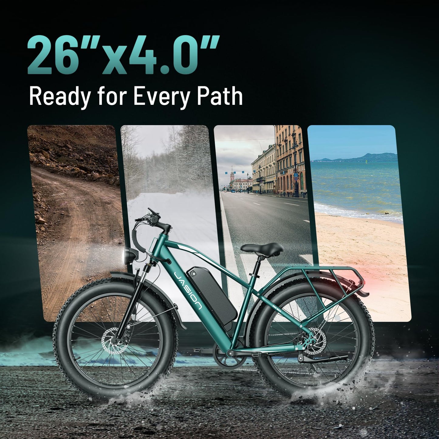Jasion EB5 MAX Electric Bike for Adults with 2000W Peak Motor, 48V 15Ah (720Wh) Battery Electric Mountain Bike, 26'' x 4'' Fat Tire Ebike, 28+MPH Speed, Cruise Control, with Fenders, Rear Rack