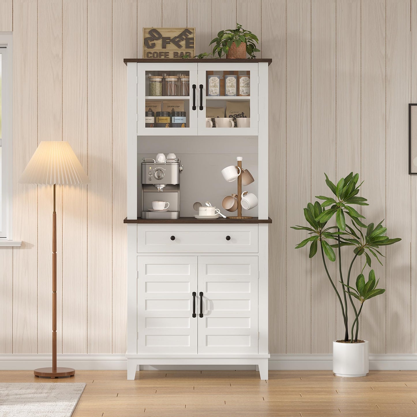 Garvee 72 in Tall Kitchen Pantry Cabinet, Kitchen Hutch Bar Cabinet with Microwave Stand, Cupboard with Drawers Glass Doors for Dining Room, Living Room, White